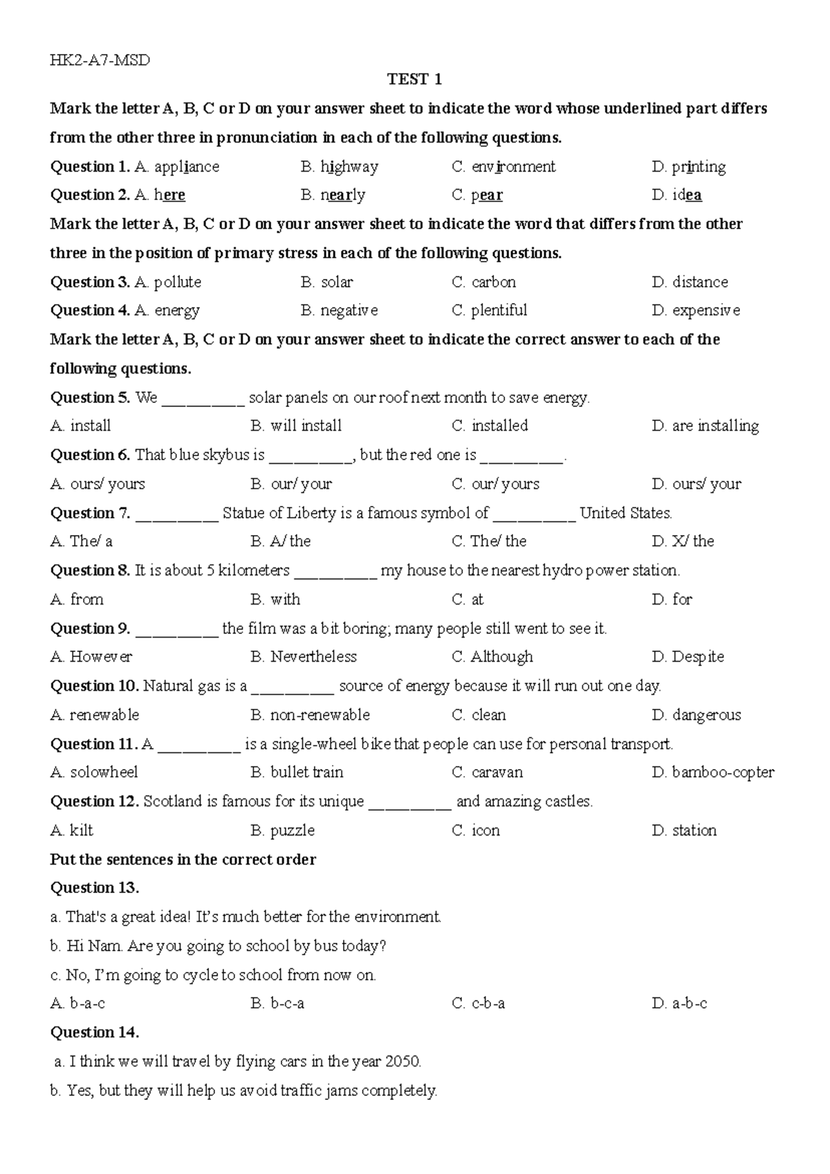 HK2 TEST 1 - Pronunciation and Grammar Practice Exam - Studocu