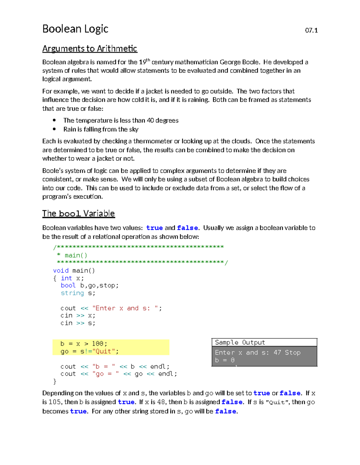 Boolean Logic 07.1: Fundamentals & Sample Programs in C++ - Studocu