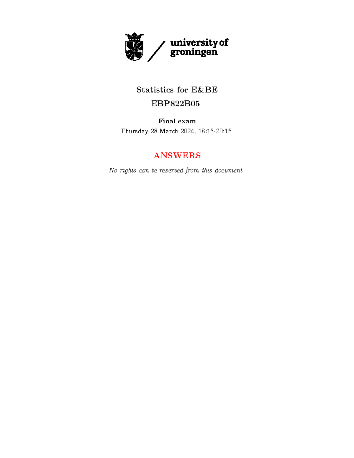 Statistics EBP822B05 Final Exam Solutions - March 28, 2024 - Studeersnel