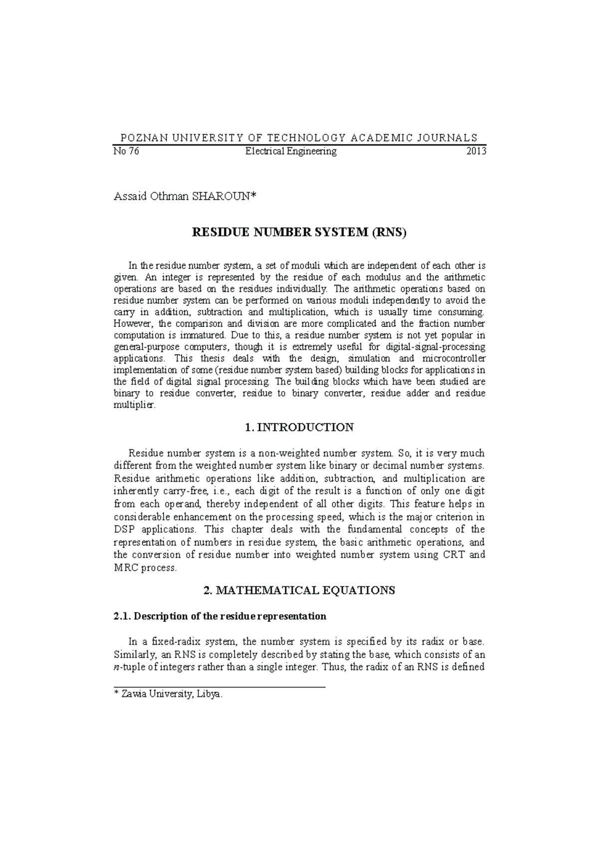 Residue Number System (RNS) in Digital Signal Processing Applications ...