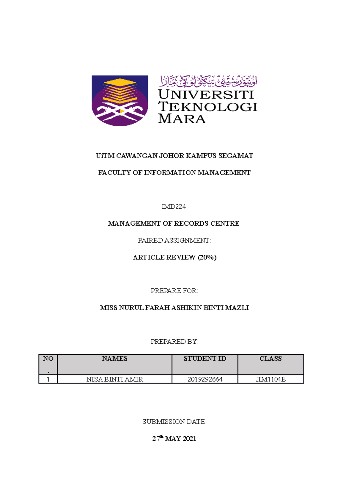 IMD224 Article Review 50% for technology. - UiTM CAWANGAN JOHOR KAMPUS ...