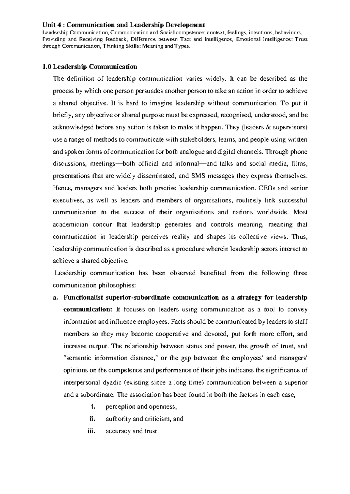 TC UNIT 4 Leadership Communication and Emotional Intelligence Notes ...
