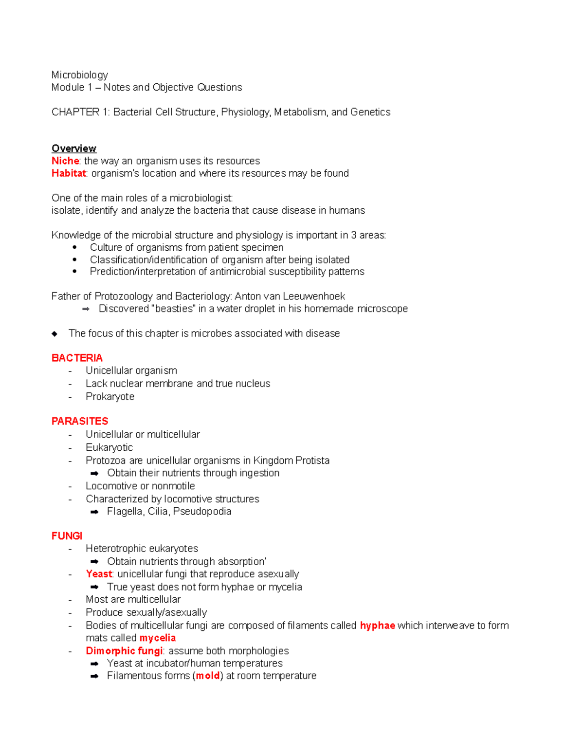CLS 523 Microbiology Module 1 - Chapter 1 Notes - Microbiology Module 1 ...