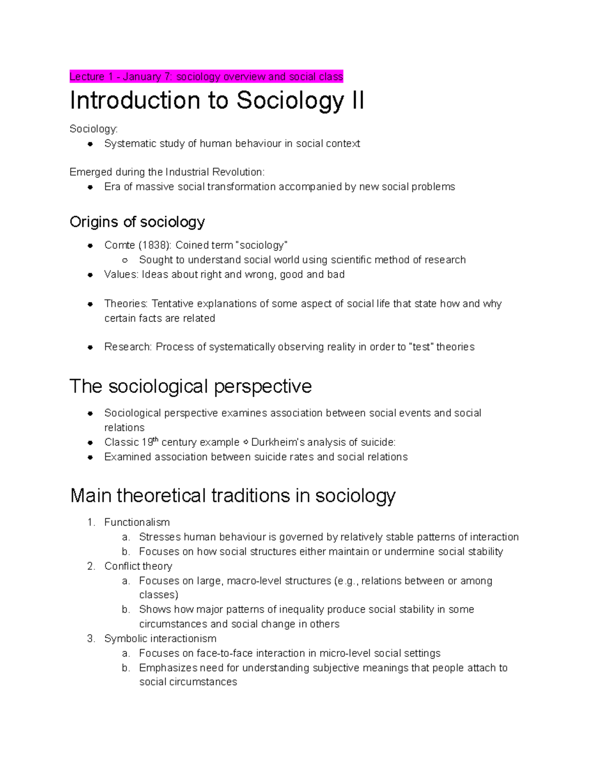 SOCI 1002H - Lecture 1 & 2 Notes: Sociology Overview & Social Class ...