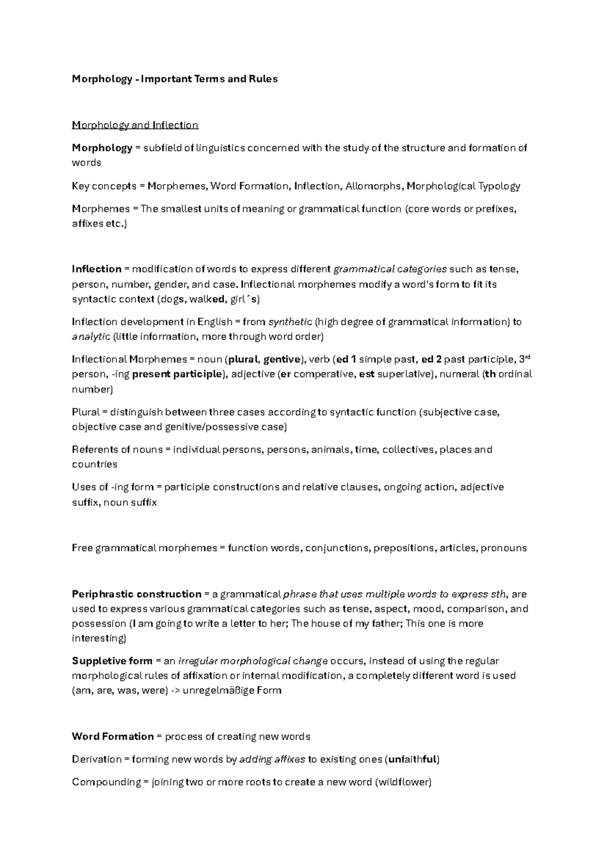 Morphology - Key Terms and Concepts Overview - Wintersemester - Studocu