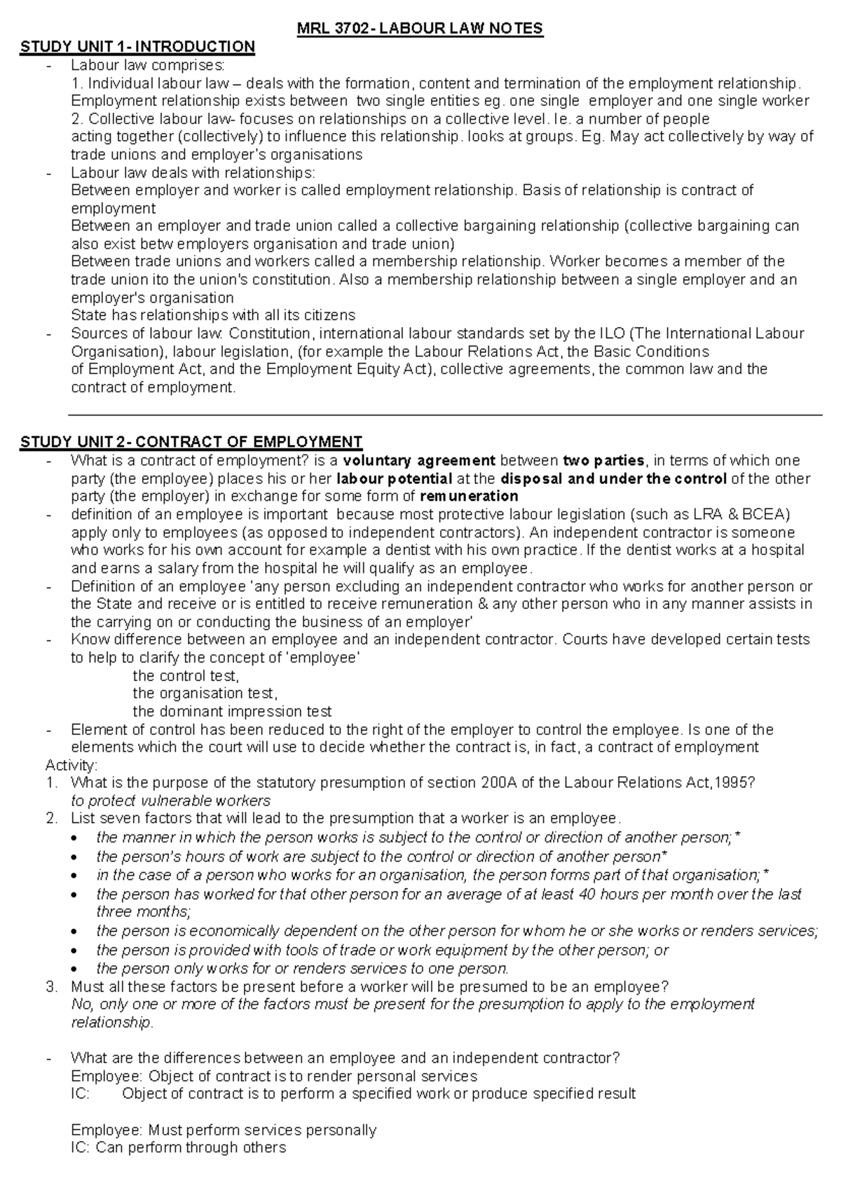MRL3702 Labour Law Notes: Key Concepts and Employment Relationships ...