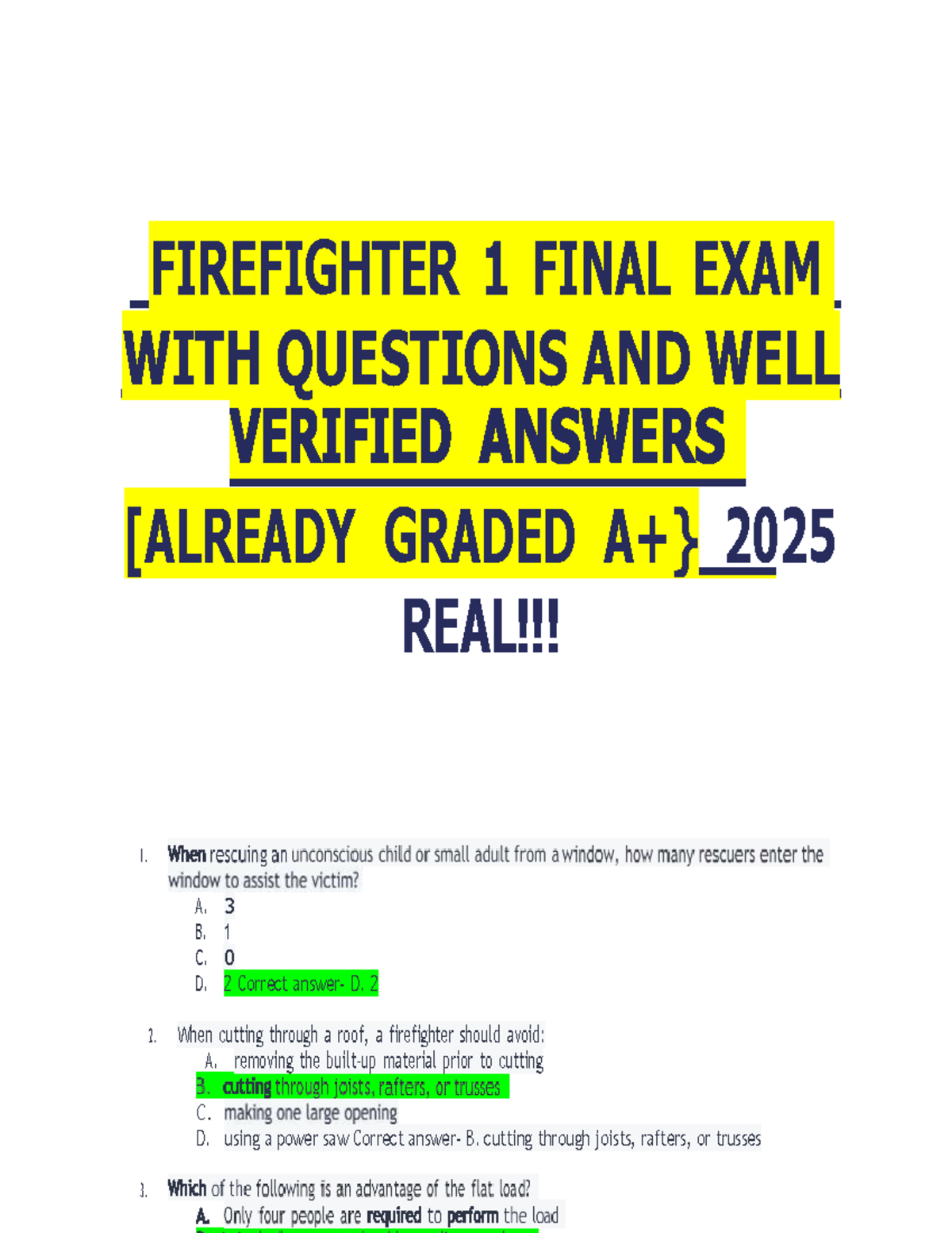 FIREFIGHTER 1 FINAL EXAM QUESTIONS AND ANSWERS 2025 - Studocu