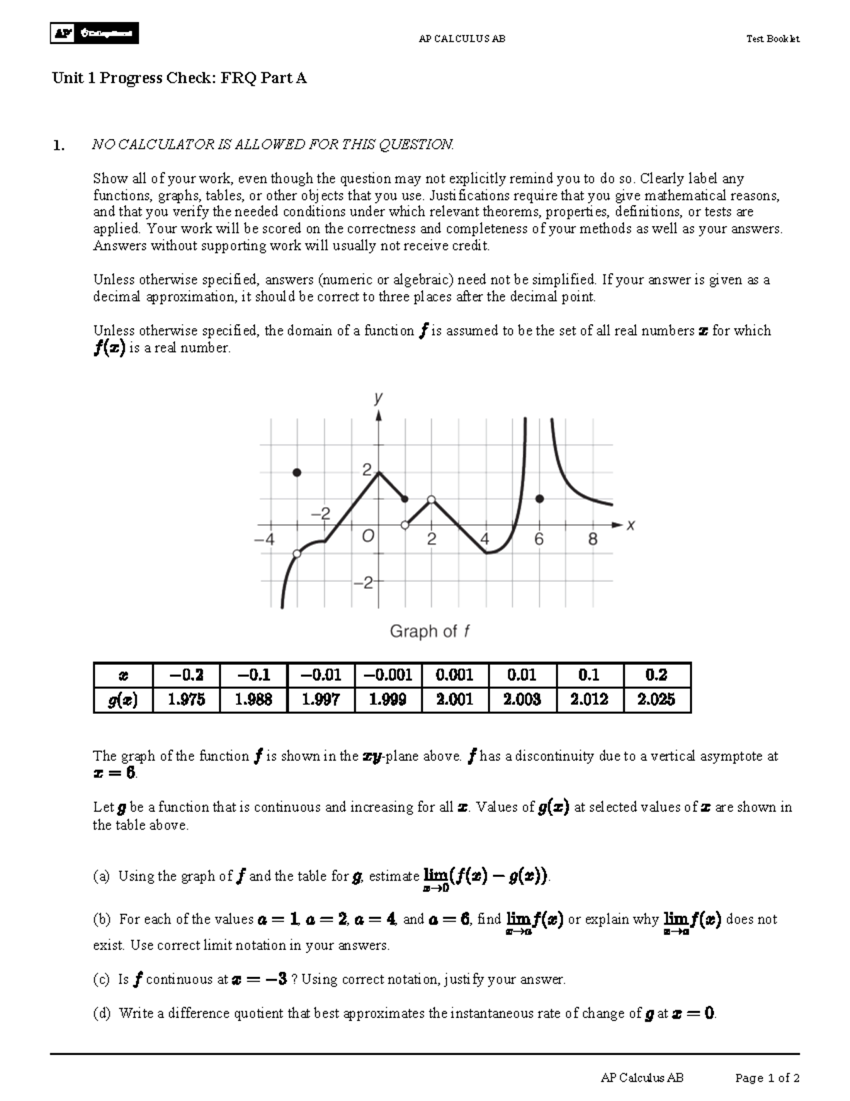 AP CALCULUS AB Unit 1 FRQ Review: Test Booklet Practice - Studocu