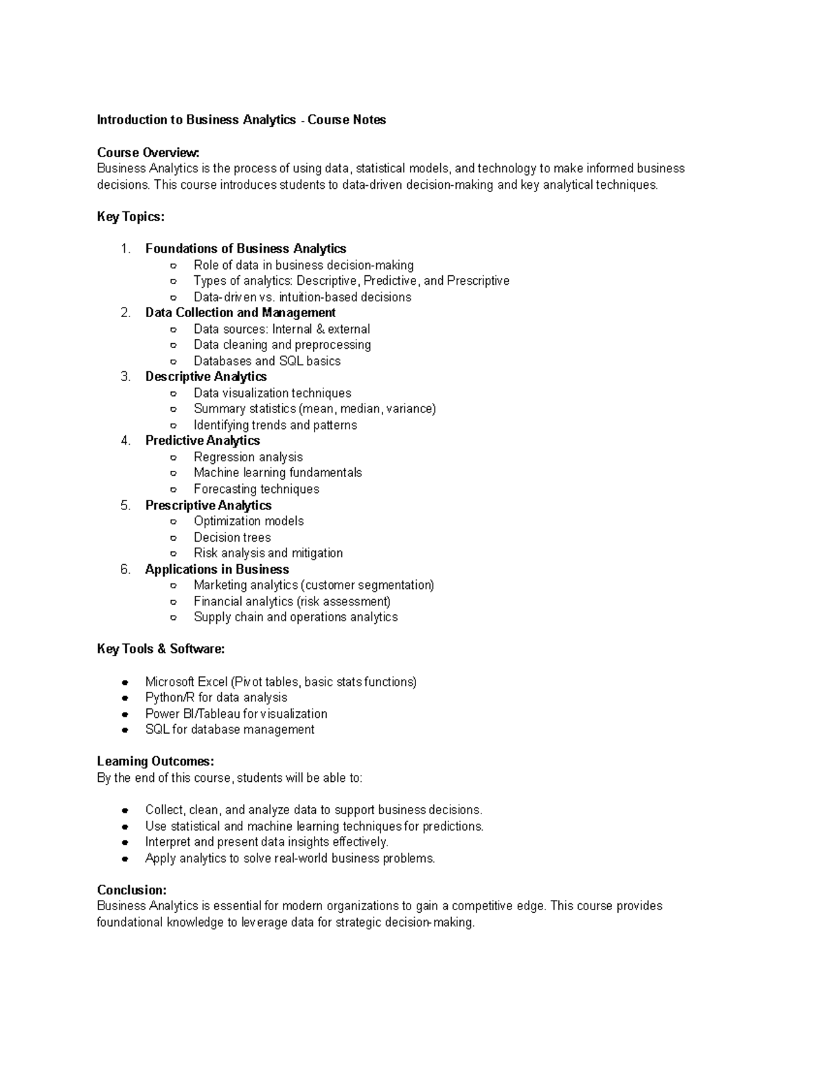 Introduction to Business Analytics - Course Notes - This course ...