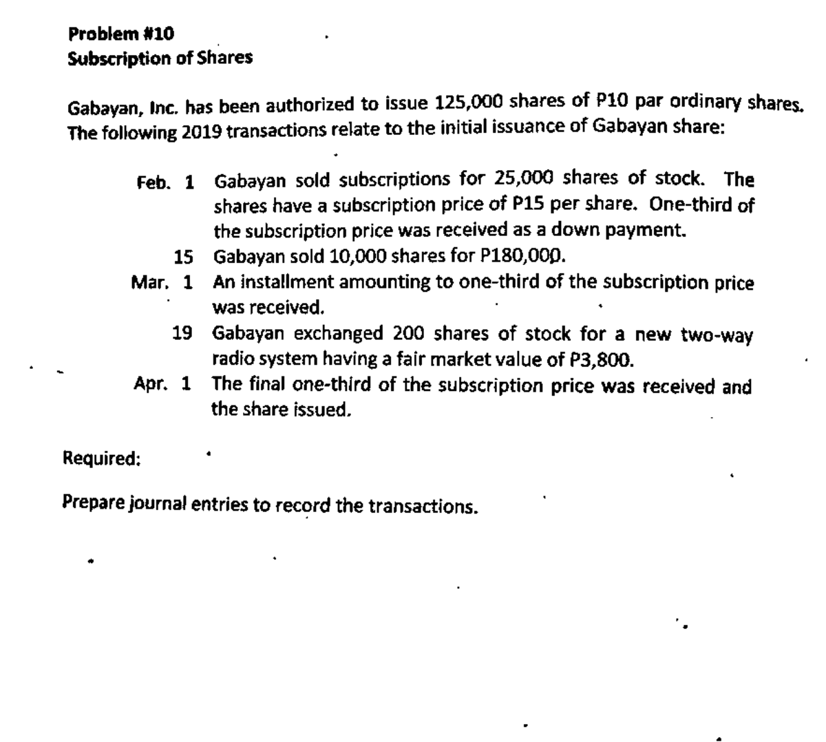 Journal Entries for Subscription of Shares - Gabayan, Inc. - Studocu
