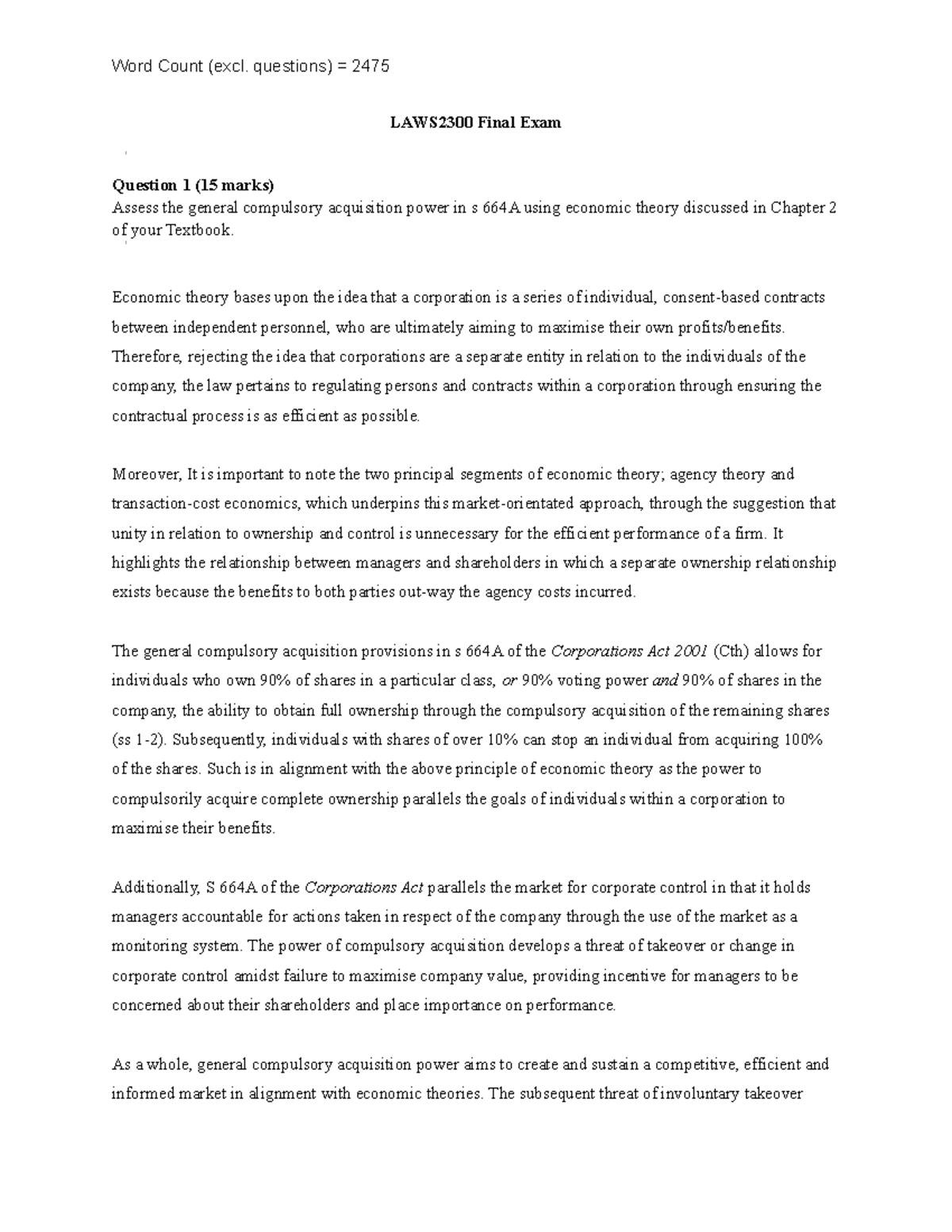 LAWS 2300 - Final Exam Response - 2020 - LAWS2300 Final Exam Question 1 ...
