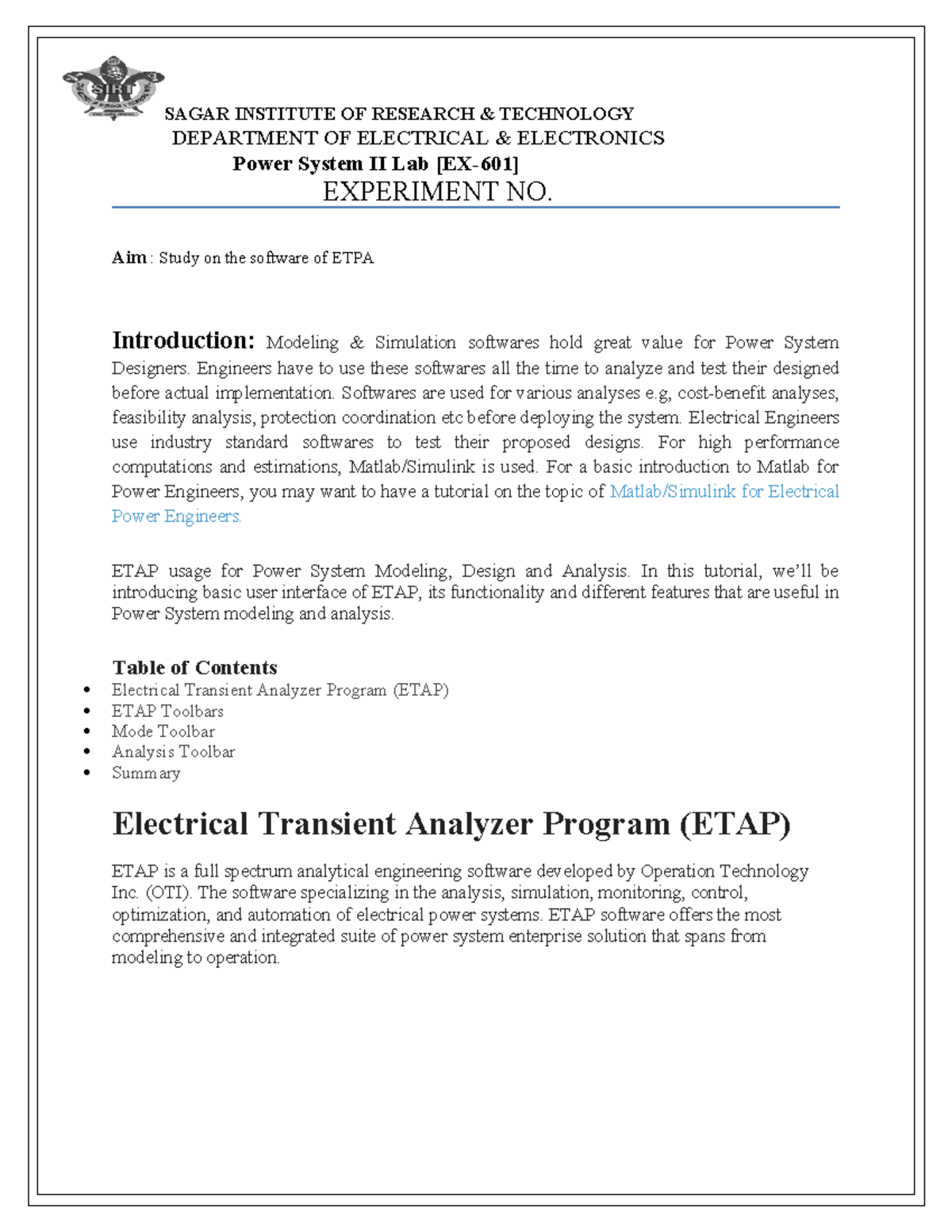 Power System II Lab: ETAP Software Overview and Analysis Techniques ...