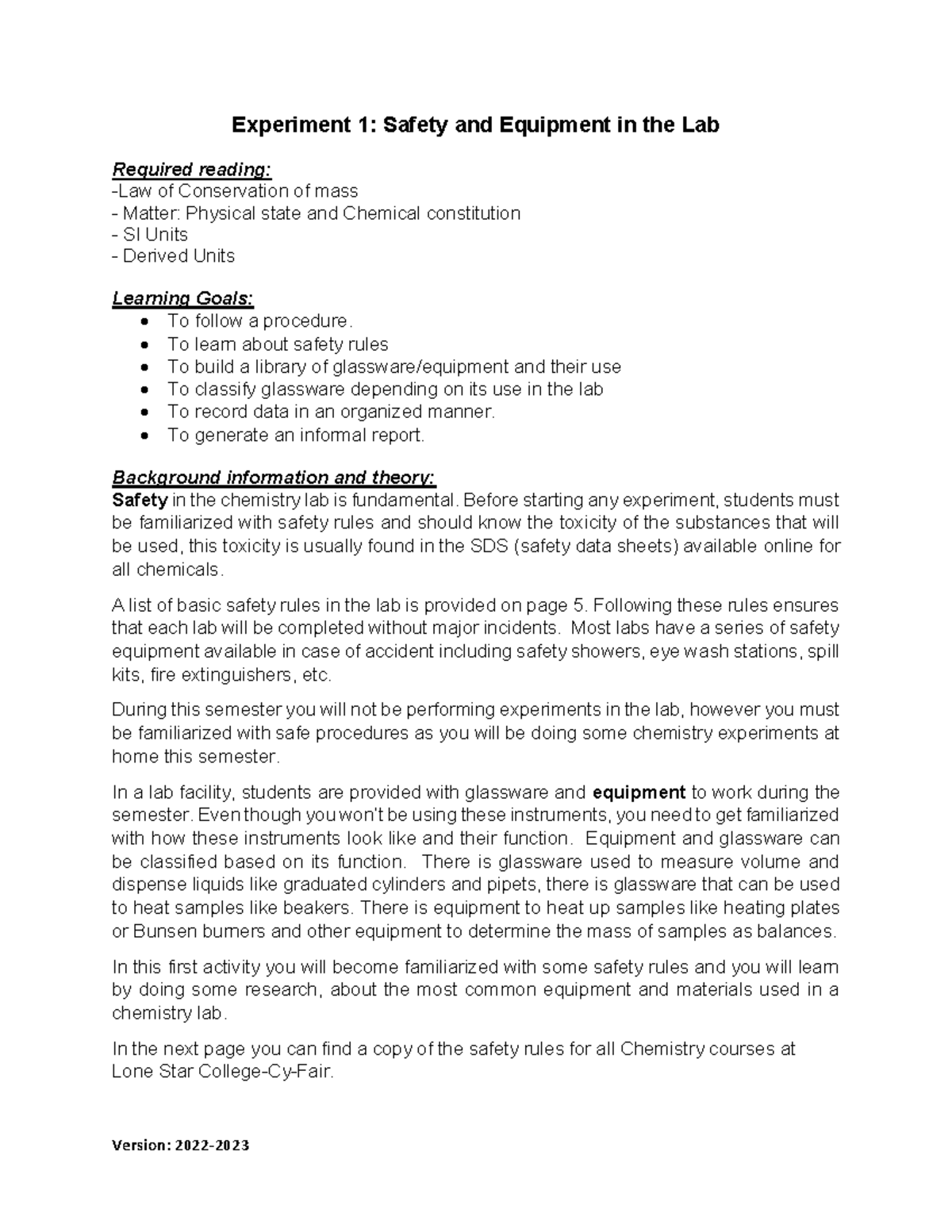 Experiment 1-Safety and Equipment in the Lab 2022-2023 - Experiment 1 ...
