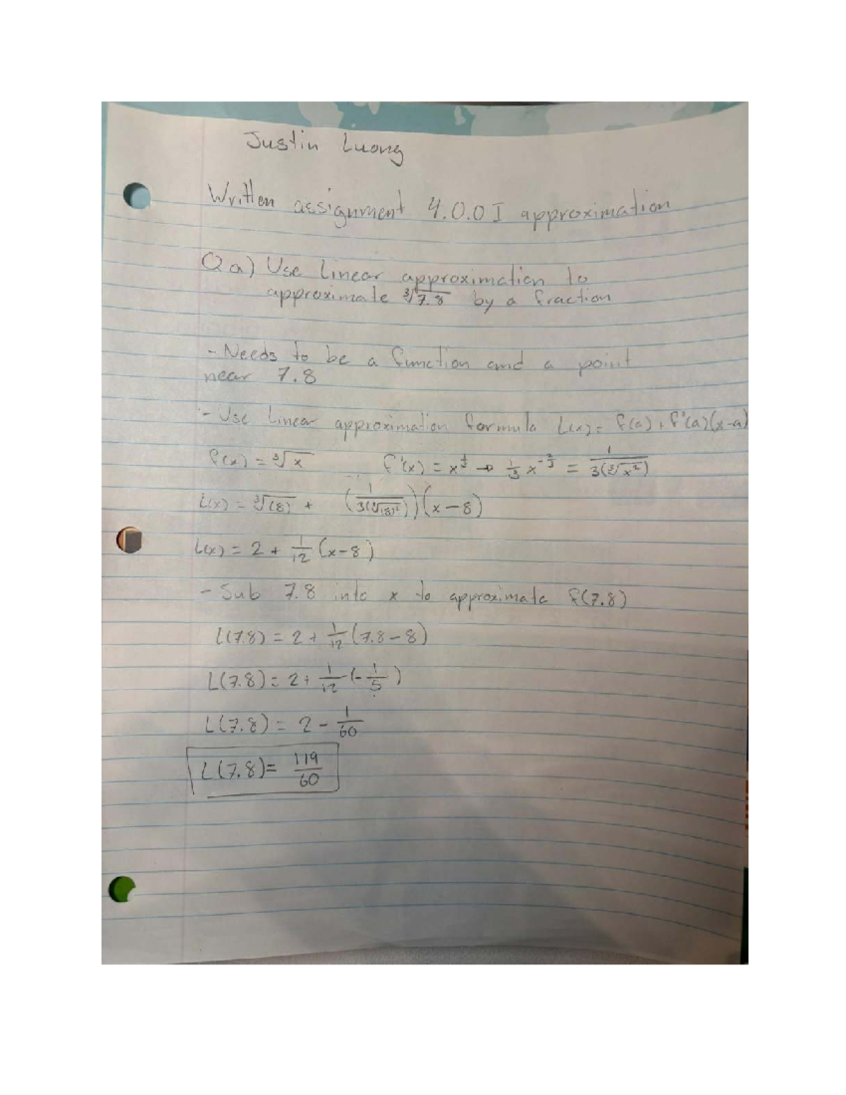 Math 249 4.0.0 Linear & Quadratic Approximations Assignment - Studocu