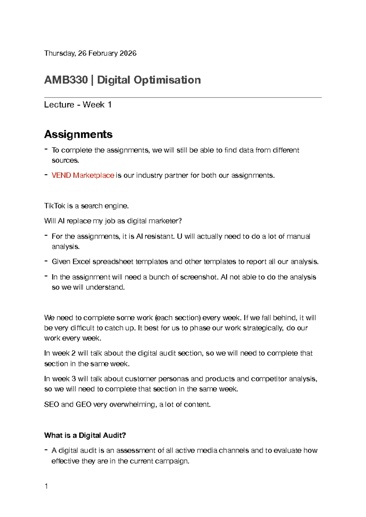AMB330 Digital Optimisation Lecture W1: Assignment Overview and ...