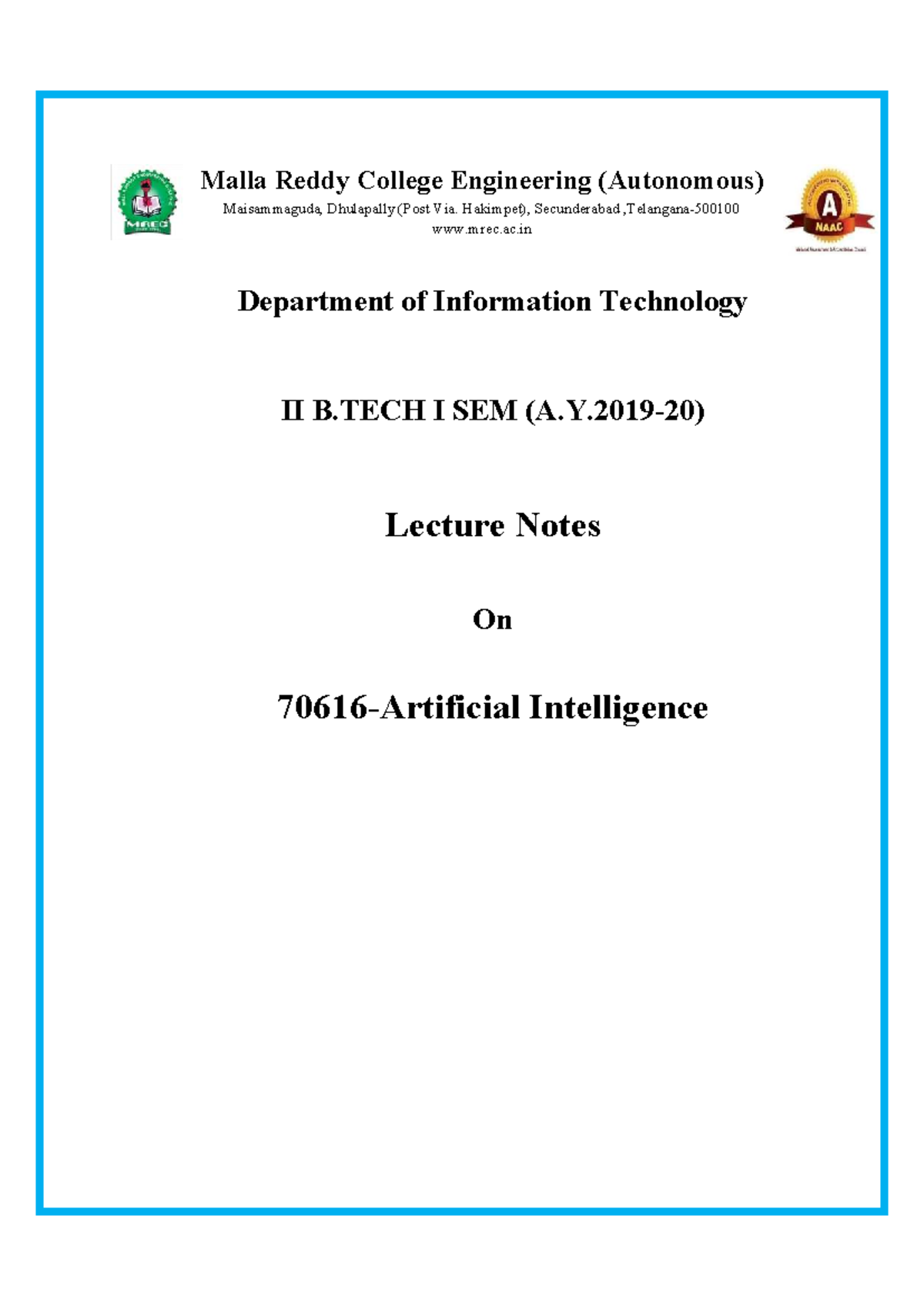 Artificial Intelligence Lecture Notes - B.Tech II Sem (Code: 70616 ...