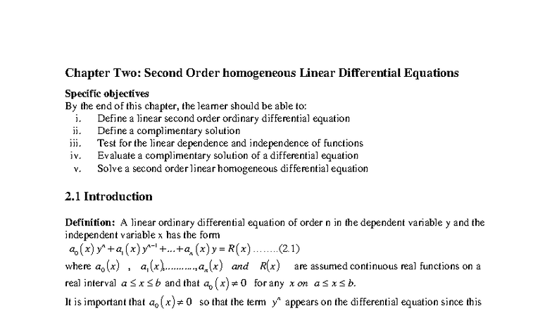 2nd order ODEs - Notes - Chapter Two: Second Order homogeneous Linear ...