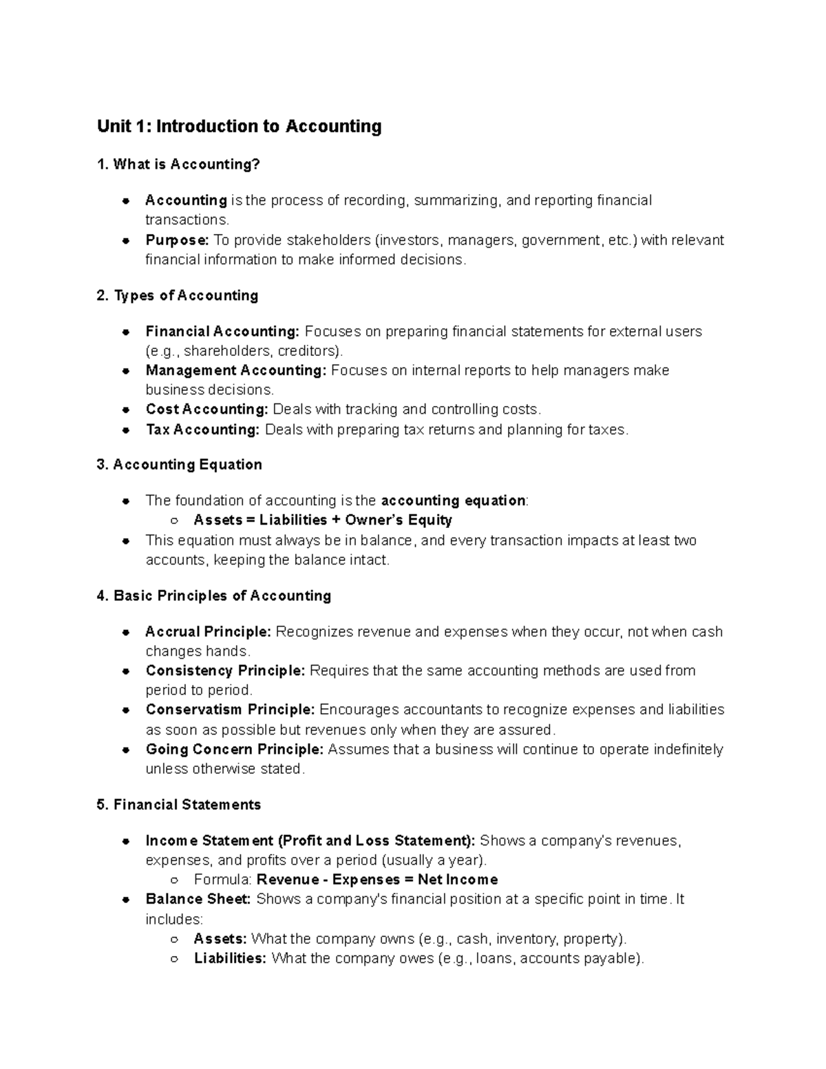 ACC101 Unit 1: Intro to Accounting Notes and Key Concepts - Studocu