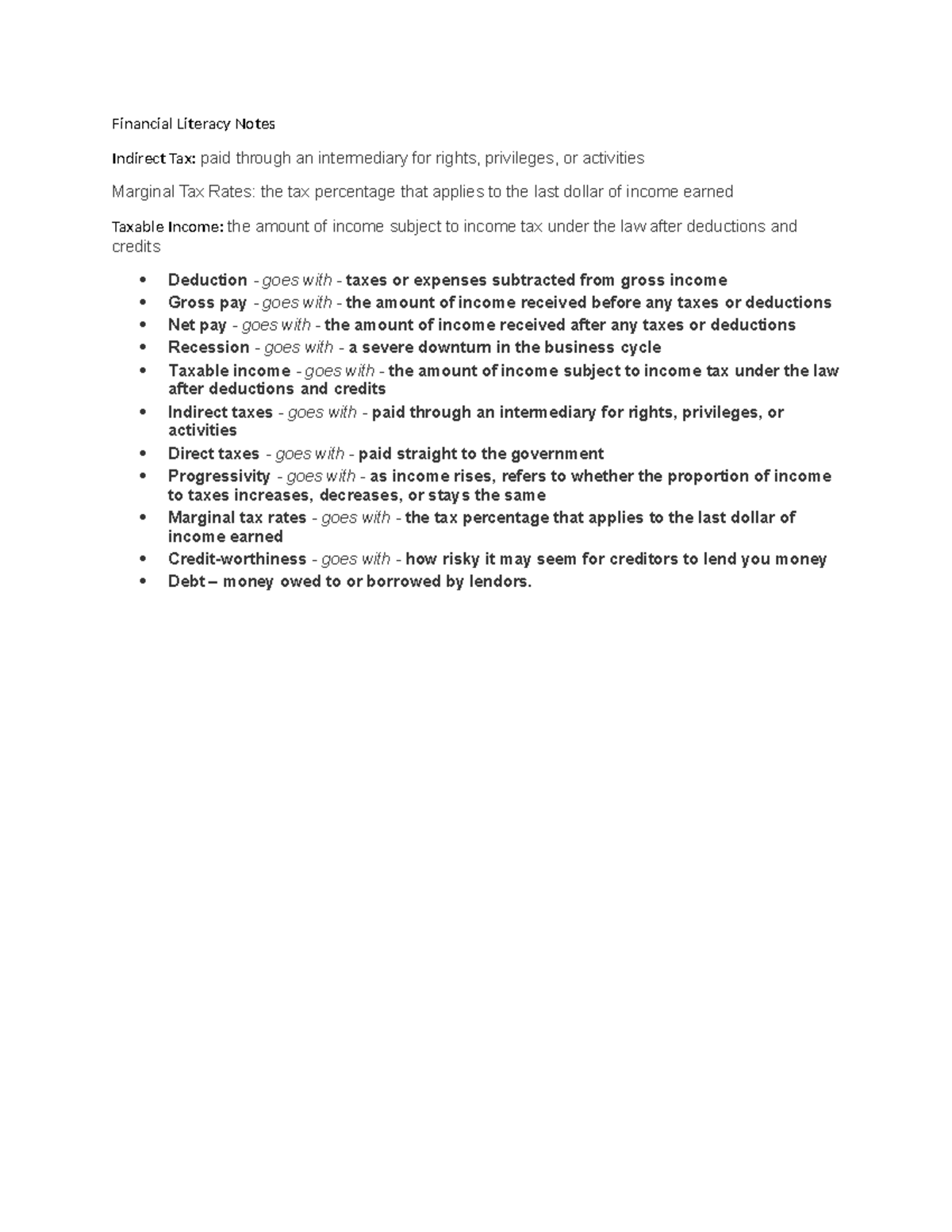 Financial literacy notes - Financial Literacy Notes Indirect Tax: paid ...