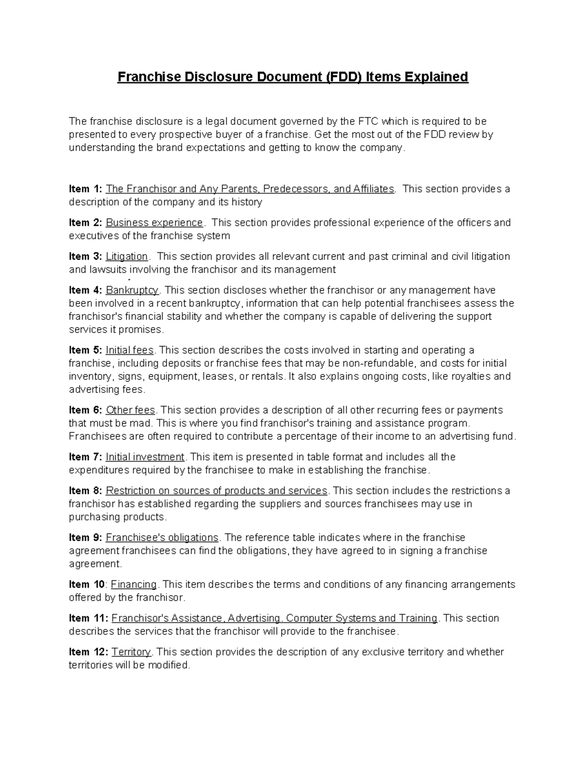 FDD Items Explained: A Comprehensive Guide for Franchise Buyers - Studocu