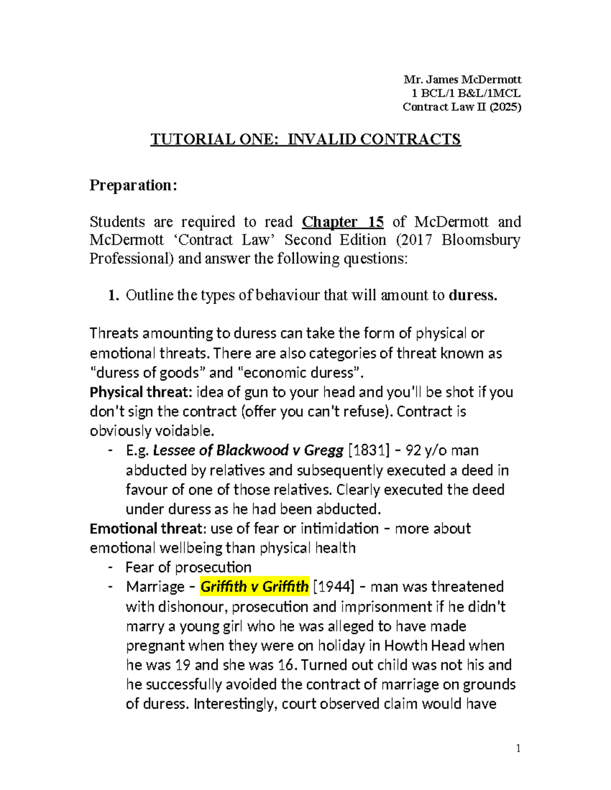 Invalid Contracts - Tutorial 1 - Contract Law II (BCL/1 B&L/1MCL) - Studocu