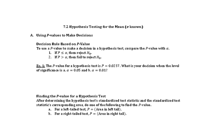 7.2 Hypothesis Testing for the Mean (σ Known) - F23 Guide - Studocu