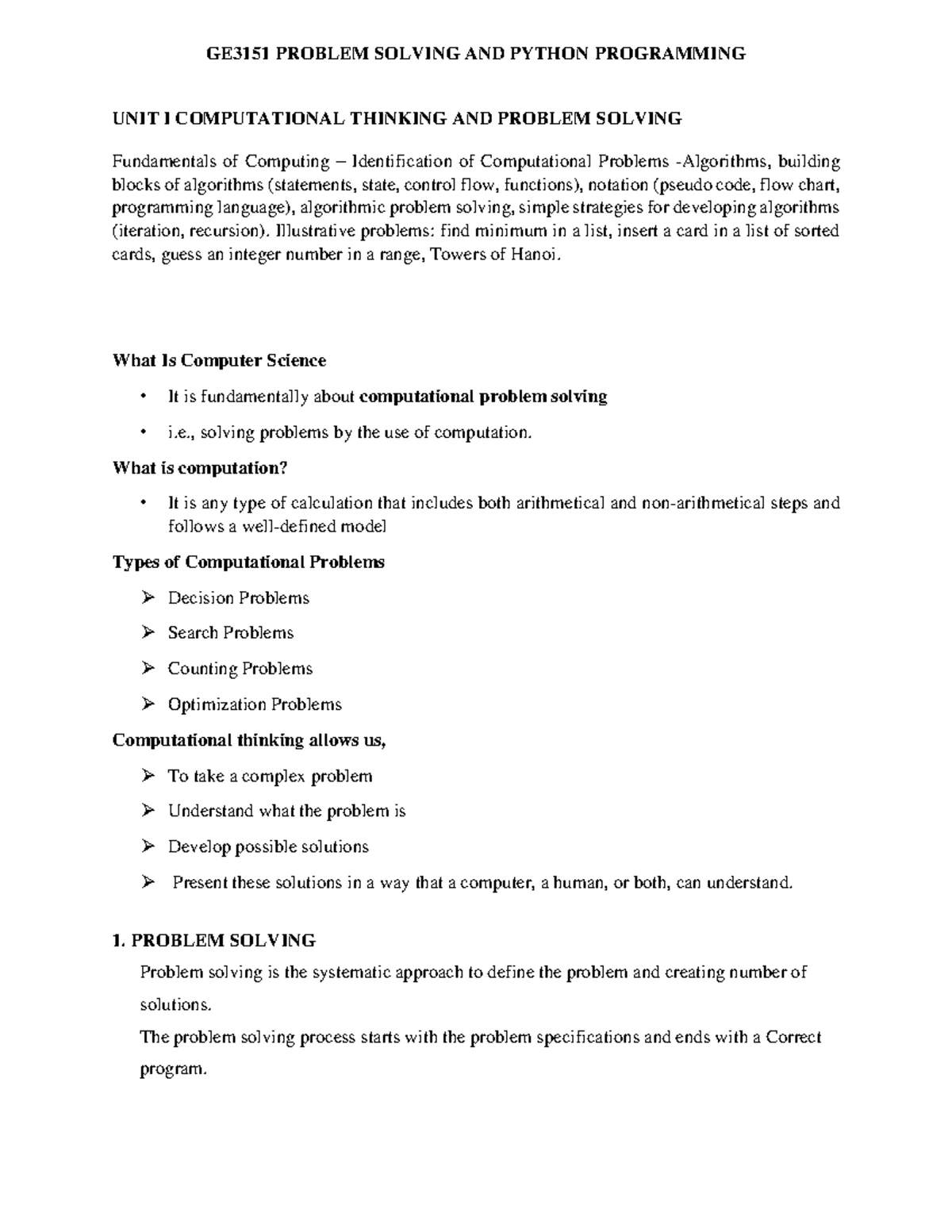 GE8151 PROBLEM SOLVING AND PYTHON PROGRAMMING: UNIT I ALGORITHMIC ...