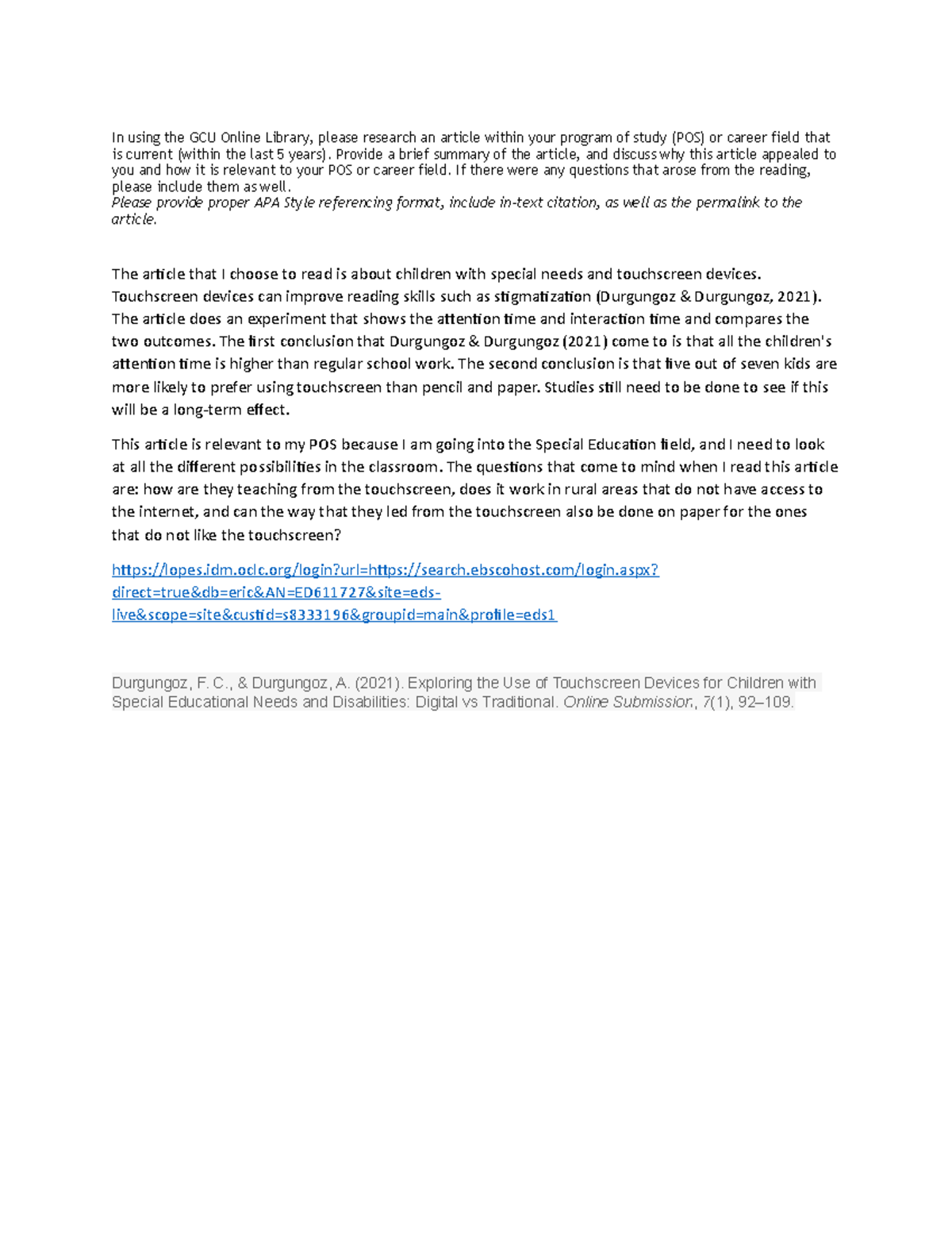 WK7DQ2 - Article Summary on Touchscreen Use for Special Needs - Studocu