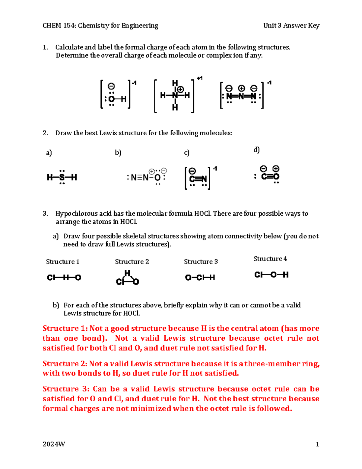 CHEM 154: Chemistry for Engineering Unit 3 Worksheet 3 Answer Key - Studocu