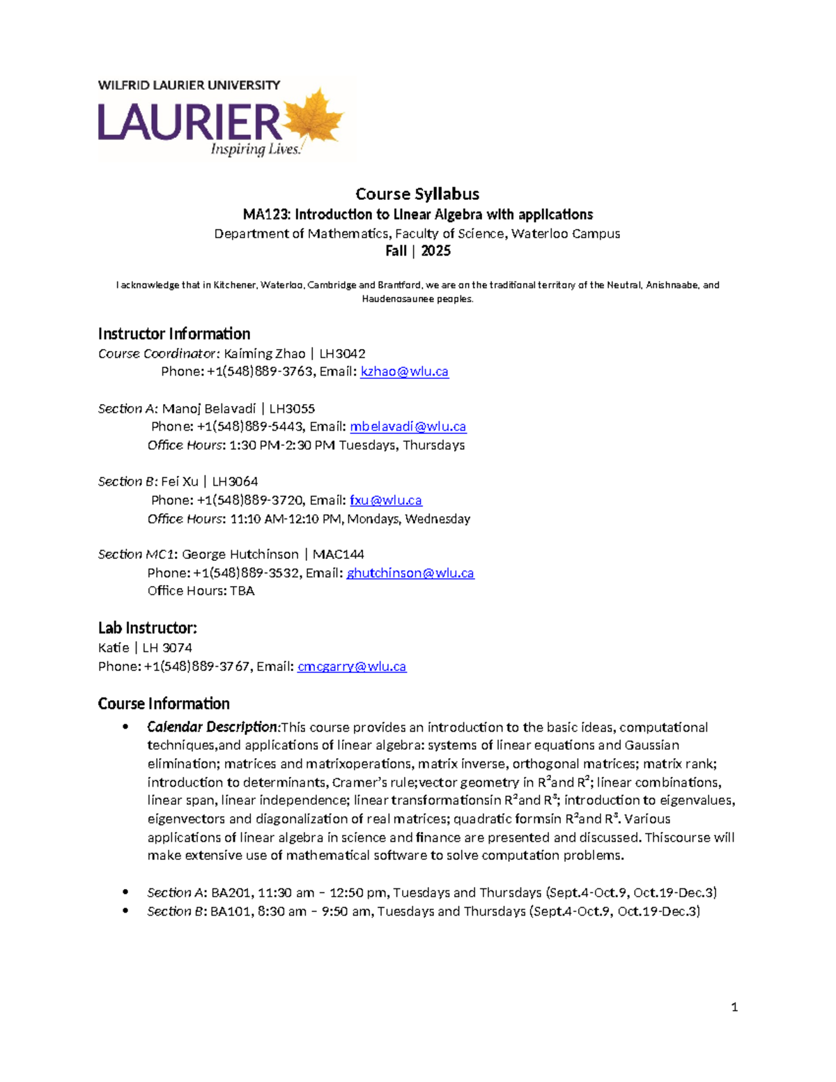 MA123: Fall 2025 Syllabus for Introduction to Linear Algebra - Studocu