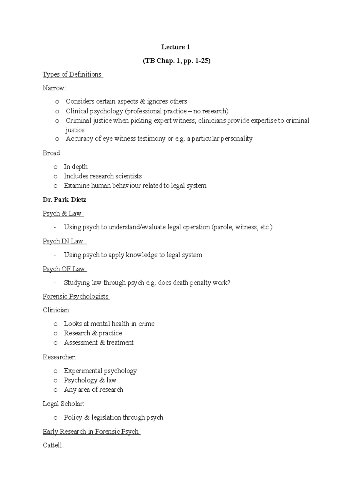 Forensic Psychology (PSY 101) - Lecture Notes Overview 1 - Studocu