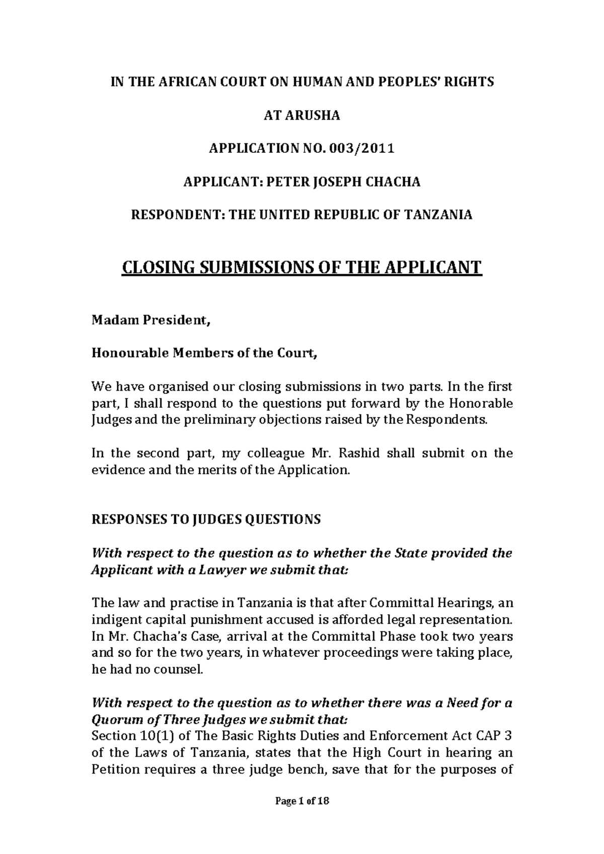 Closing Submissions of Applicant in Case No. 003/ at African Court ...