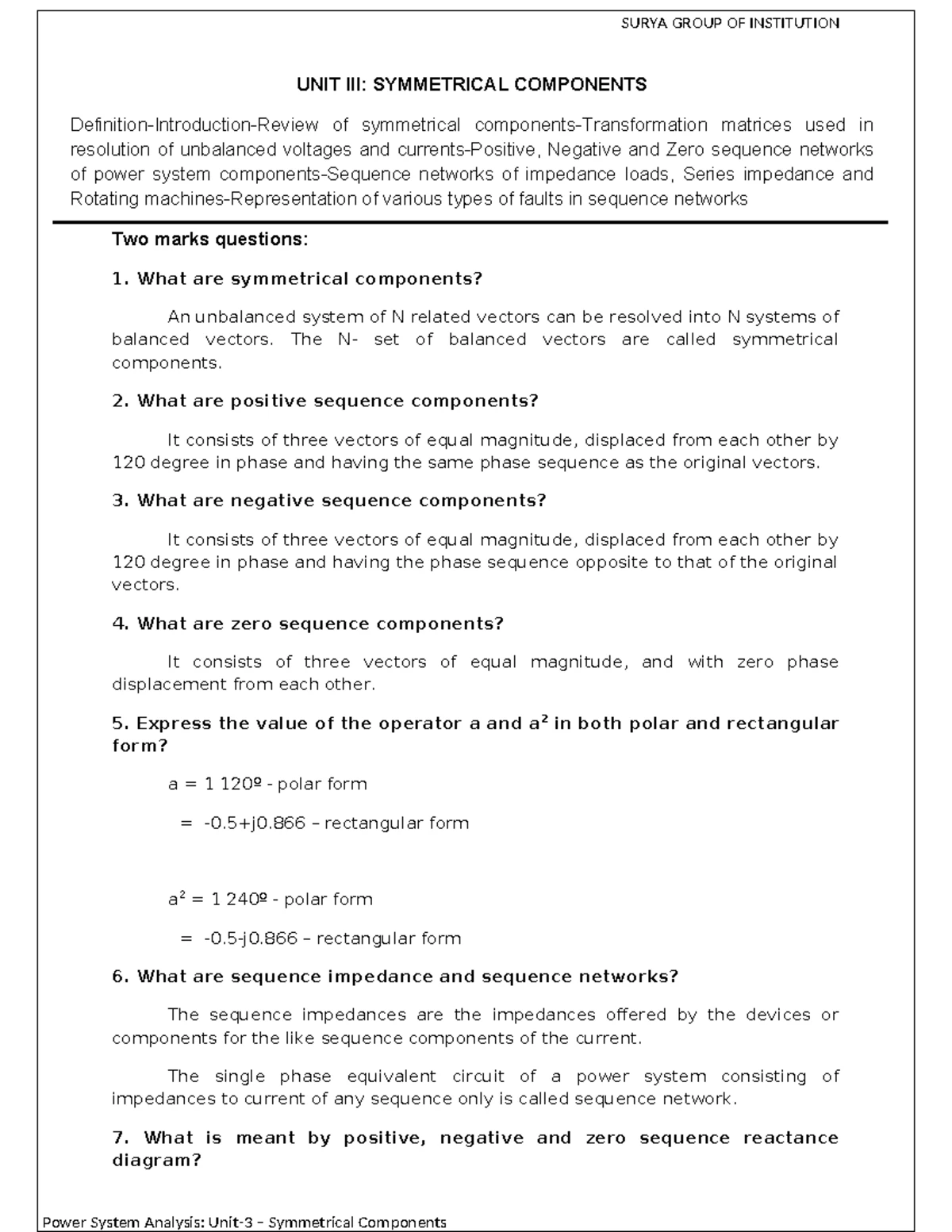 PSA EE8501 Unit I: Power System Components Modeling Notes - Studocu