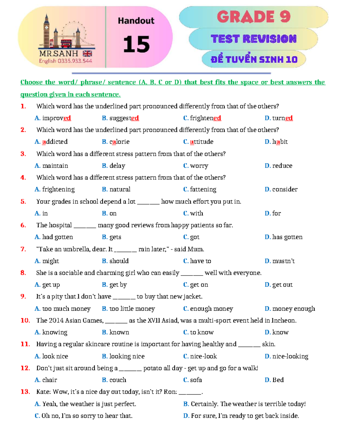 6 Tests TUYỂN SINH - 2 - EXAM FOR GRADE 9: Practice Questions and ...