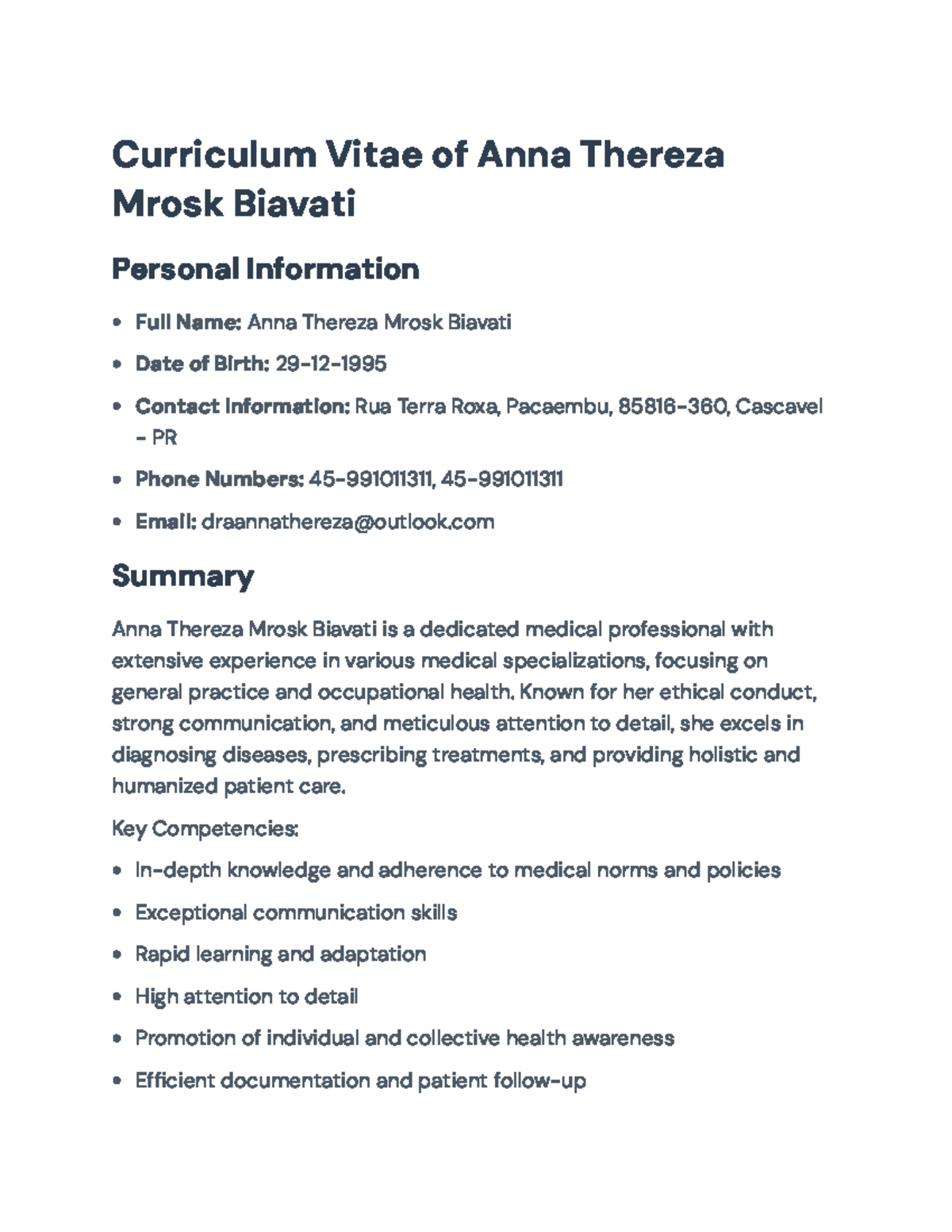 CV of Dr. Anna Thereza Mrosk Biavati - Medical Professional Profile ...