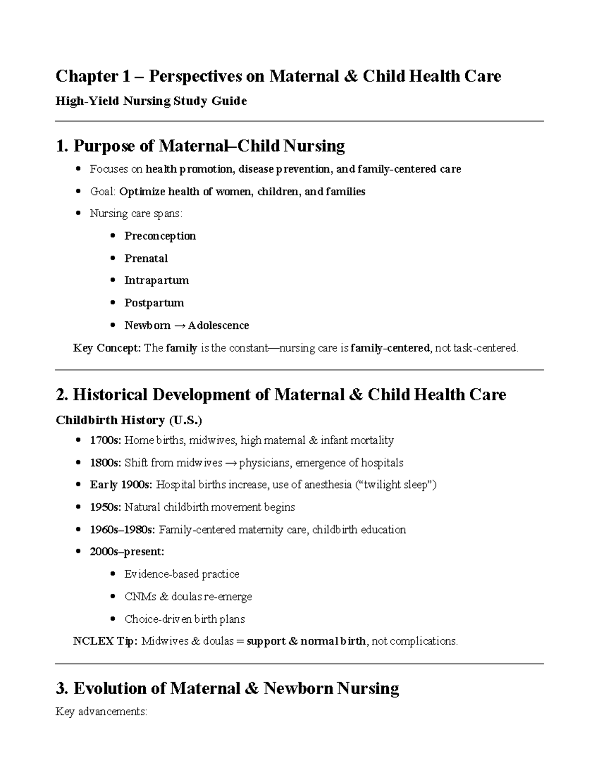 OB CHAP 1-2: Perspectives on Maternal Child Health Care Nursing Notes ...