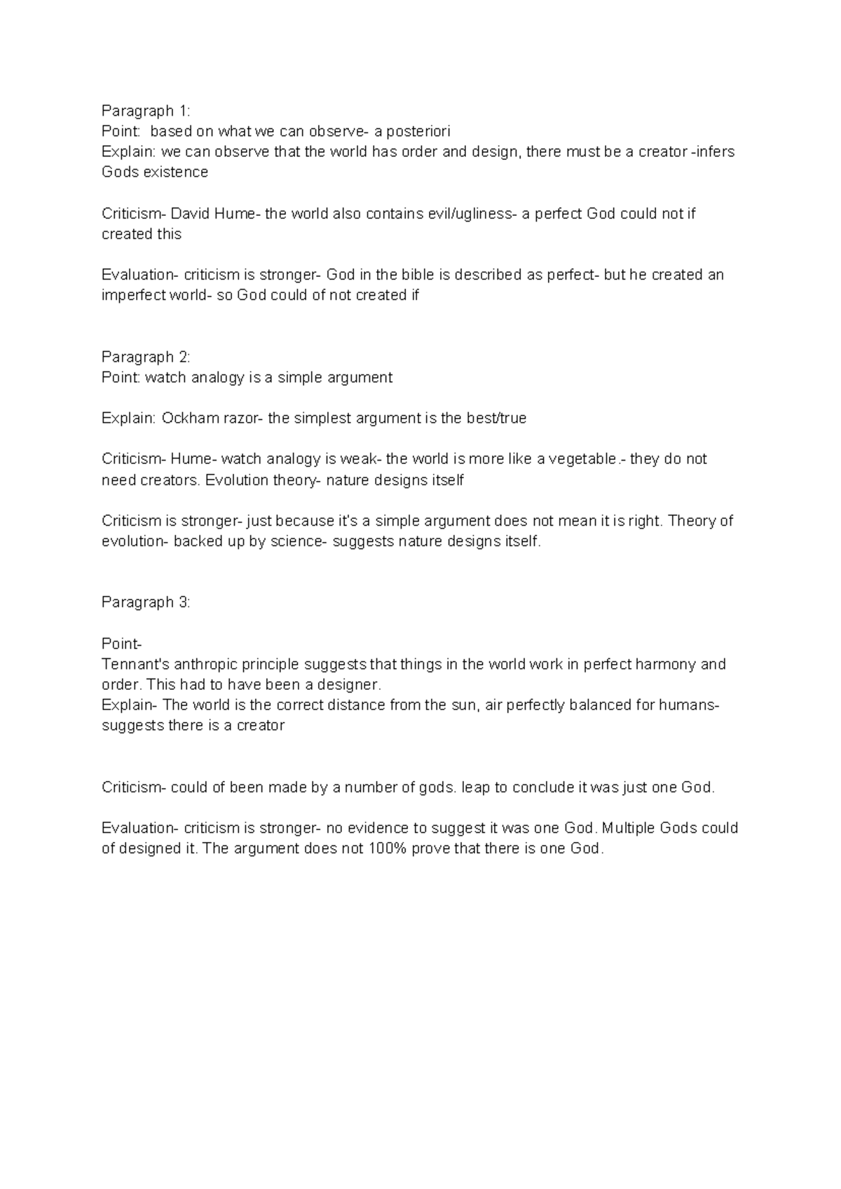 Teleological Argument: Essay Plan & Critique for PHIL 101 - Studocu