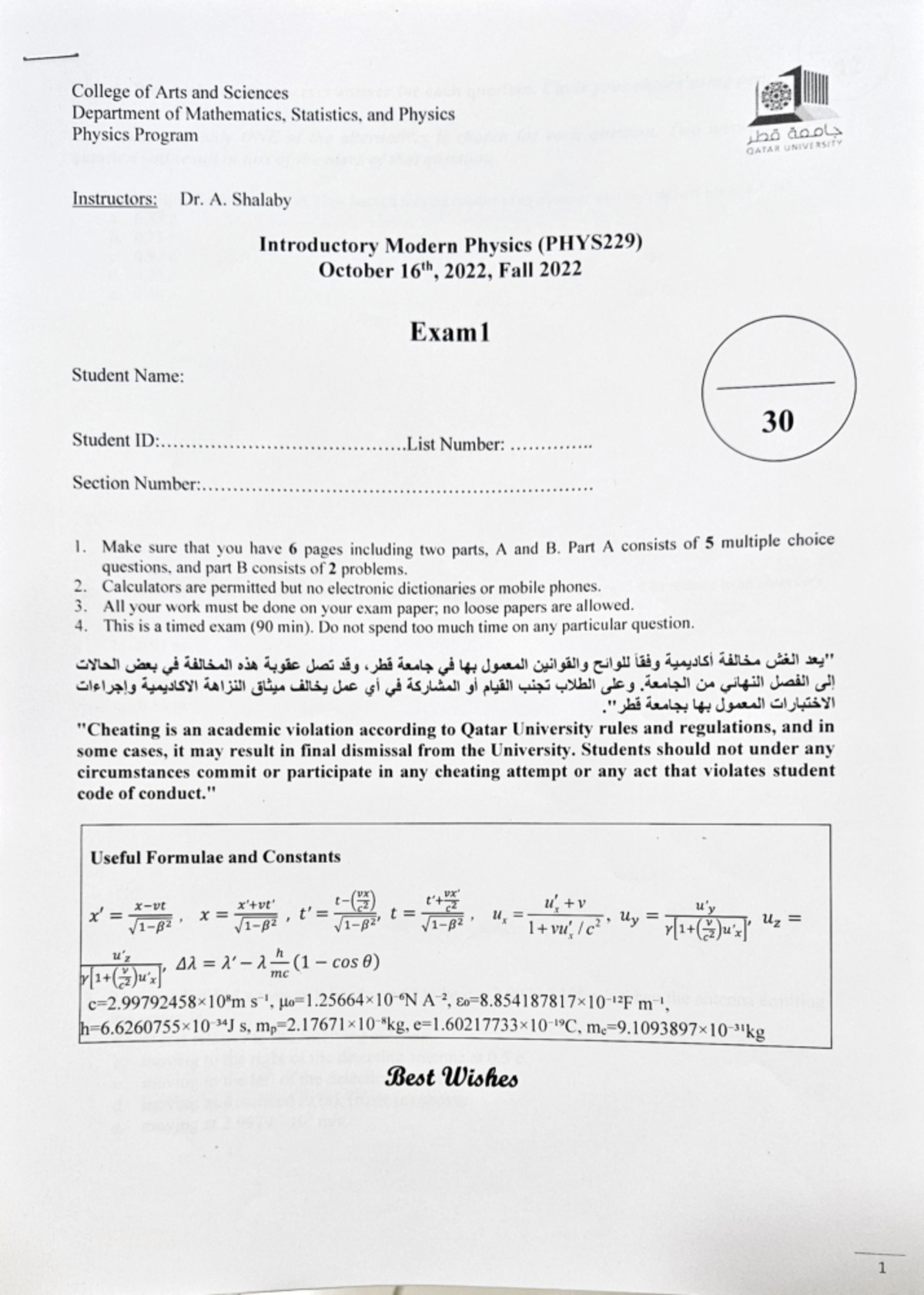 PHYS229 Final Exam 1 - Introductory Modern Physics, Fall 2022 - Studocu