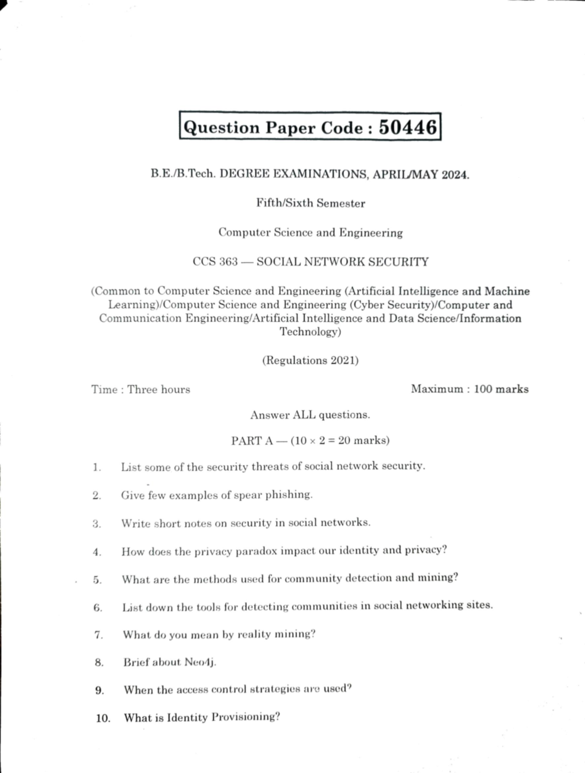 CCS 363 Social Network Security Exam Paper - April/May 2024 - Studocu