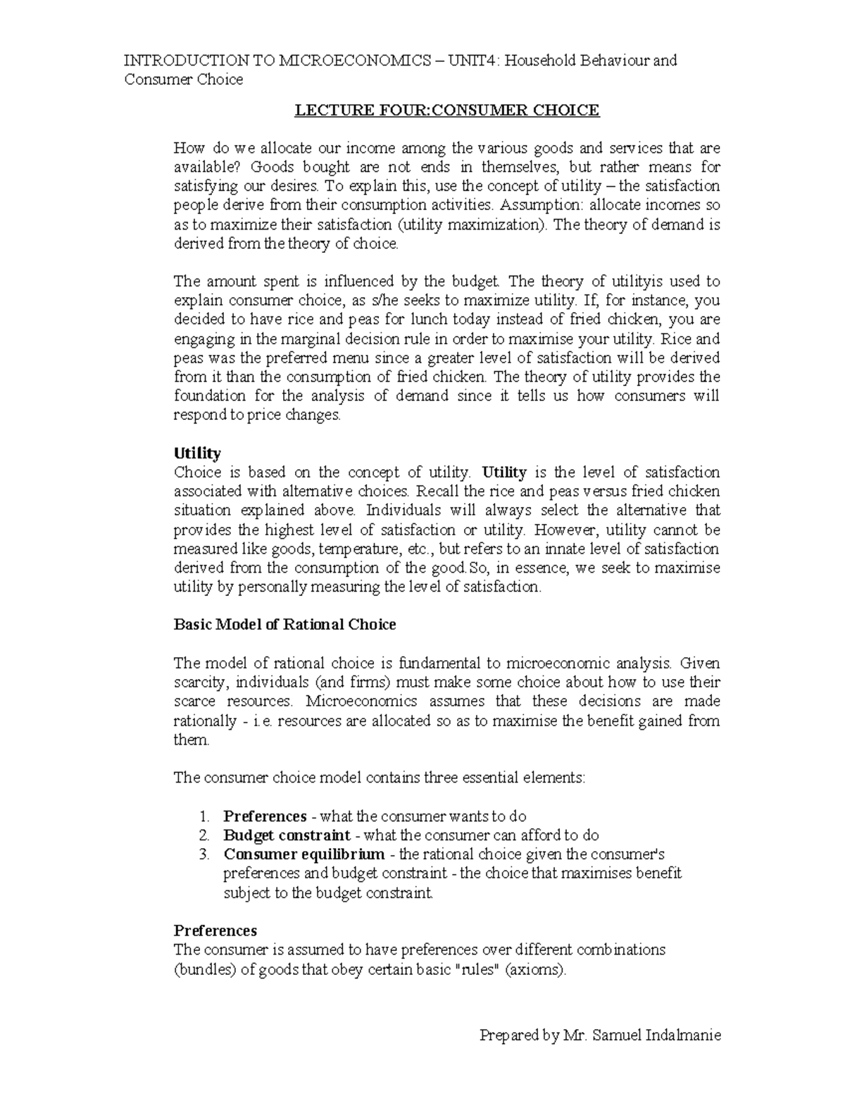 4.Consumer Choice-1 - Consumer Choice - Consumer Choice LECTURE FOUR ...