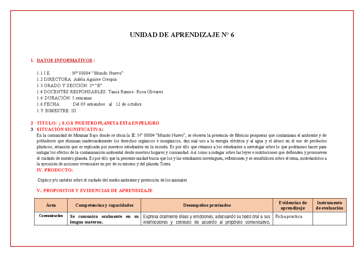 Unidad DE Aprendizaje 6 - UNIDAD DE APRENDIZAJE N° 6 I. DATOS ...