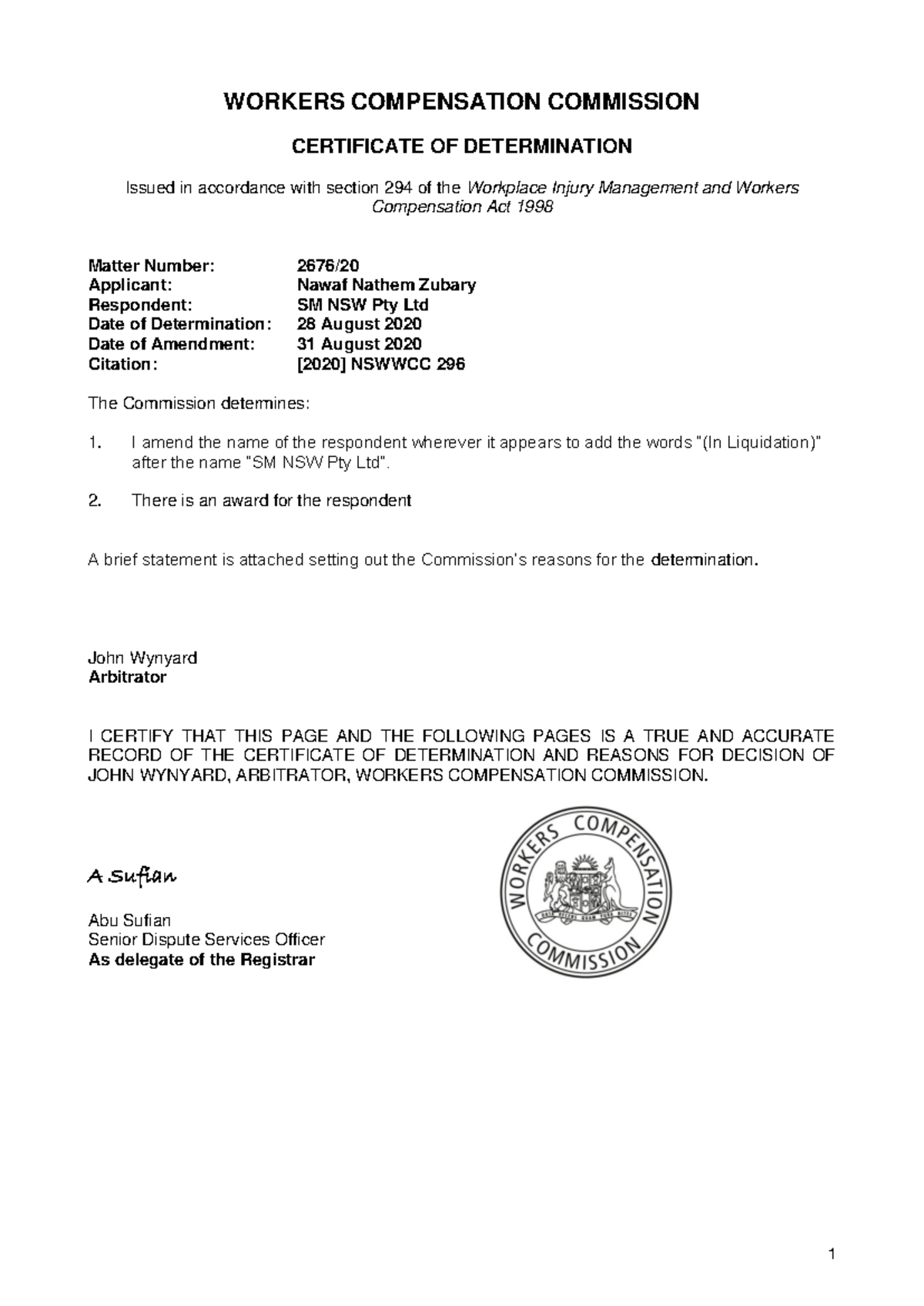 Workers Compensation Commission Certificate of Determination - Zubary ...