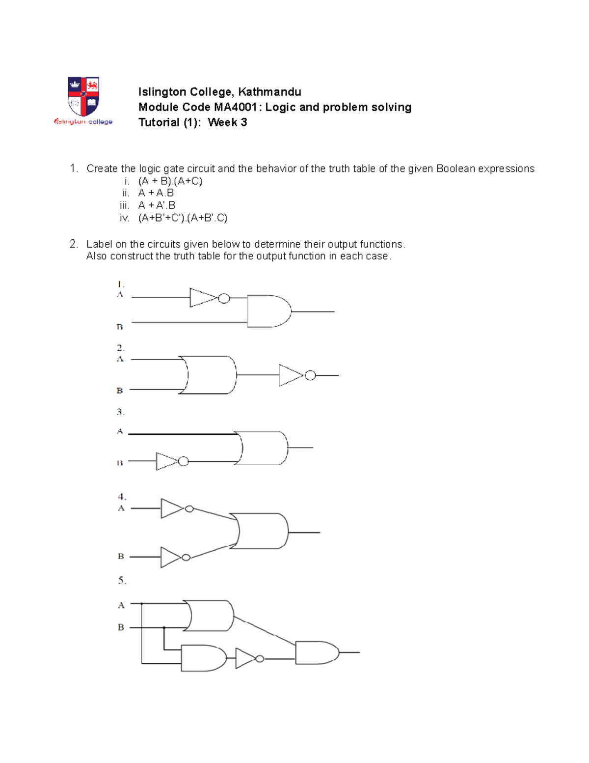 Tutorial 1 week 3 - Islington College, Kathmandu Module Code MA4001 ...