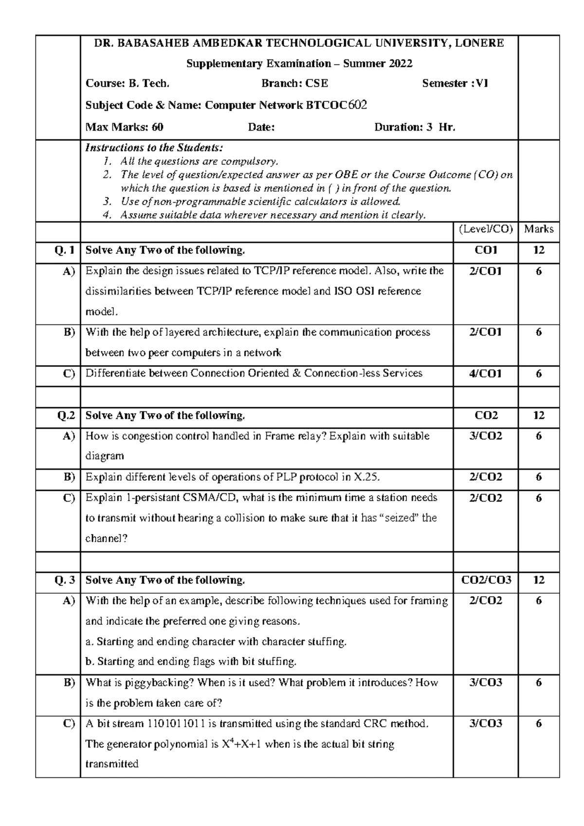 BTCOC602: Key Questions on Computer Networks from 5 University Papers ...