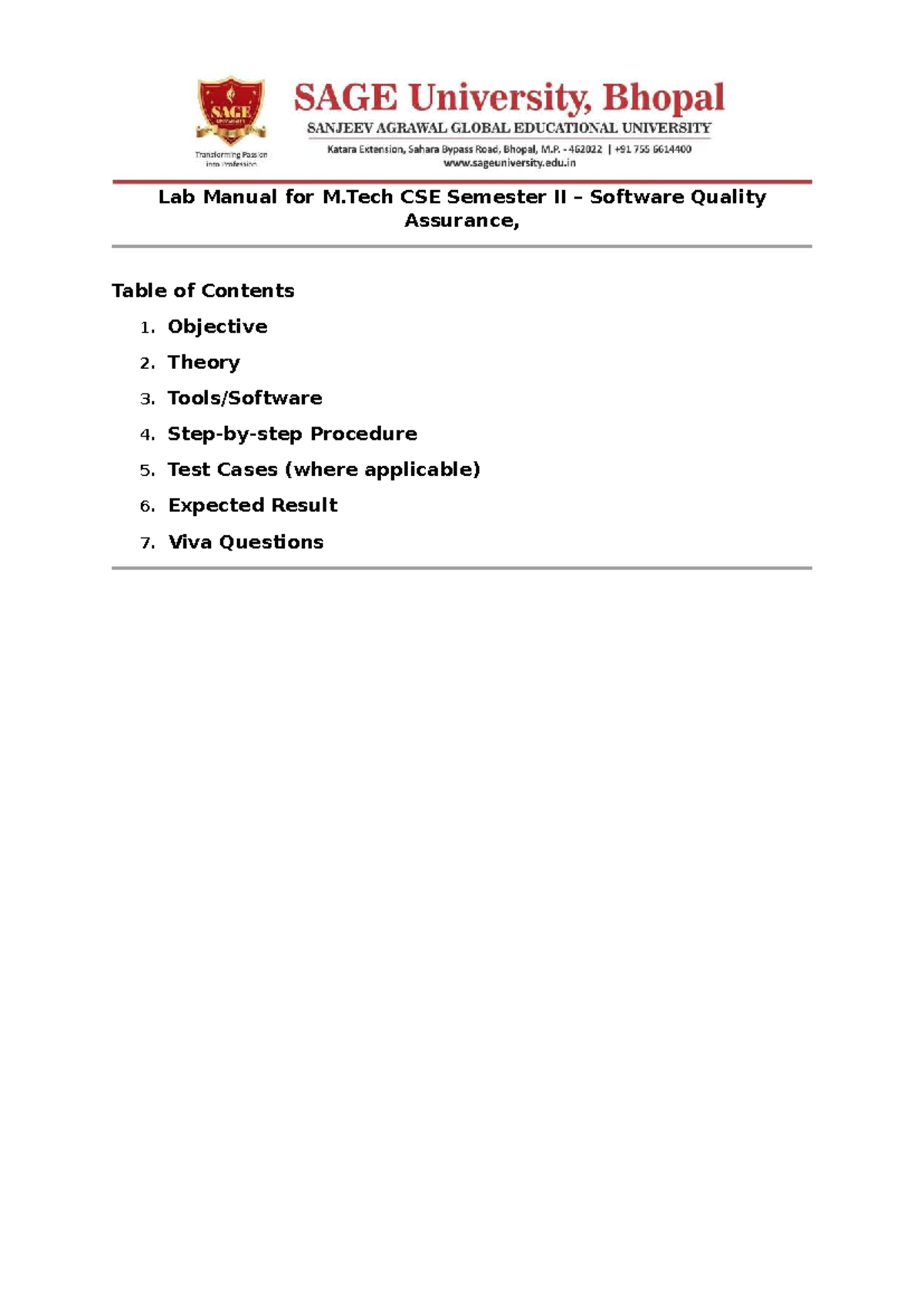 Lab Manual for M.Tech CSE II: Software Quality & Testing Experiments ...