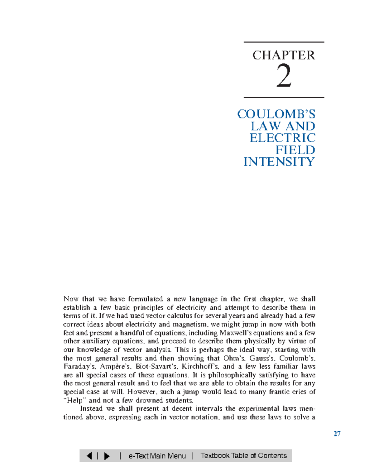 CHAPTER 2: LAW AND ELECTRIC FIELD INTENSITY - ELECTROMAGNETIC THEORY ...