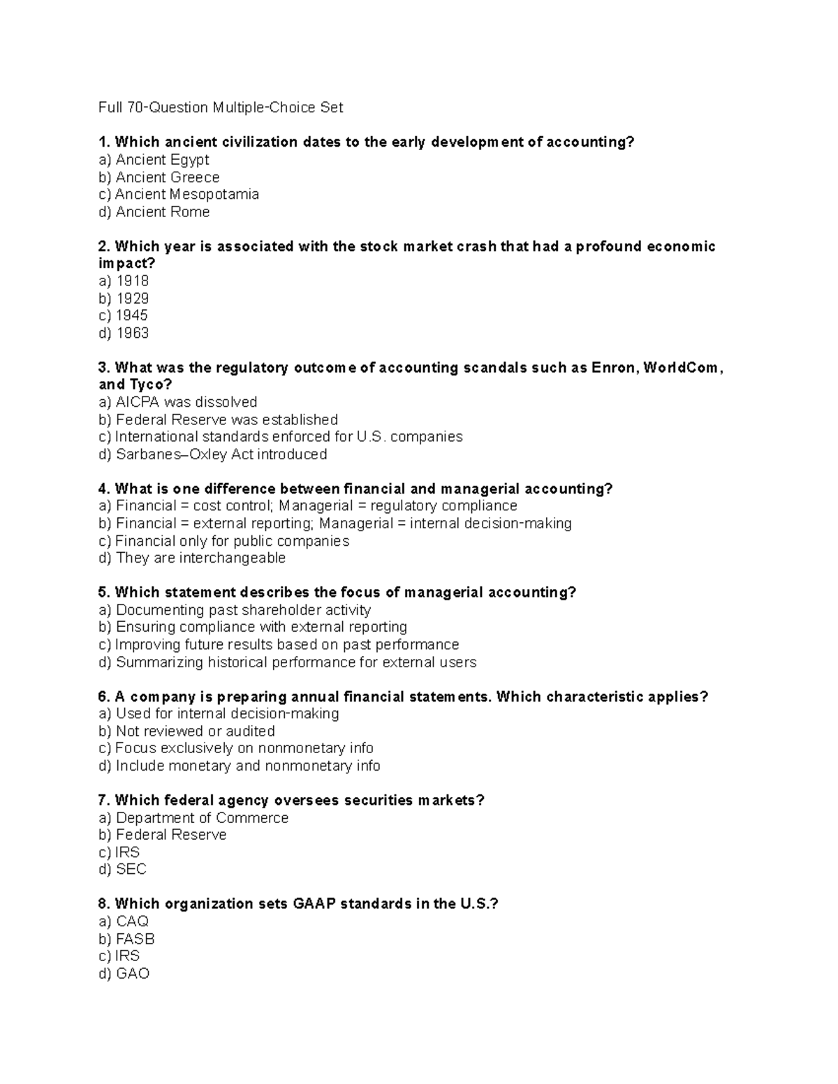 Full 70-Question Multiple-Choice Set for Accounting Exam - Studocu