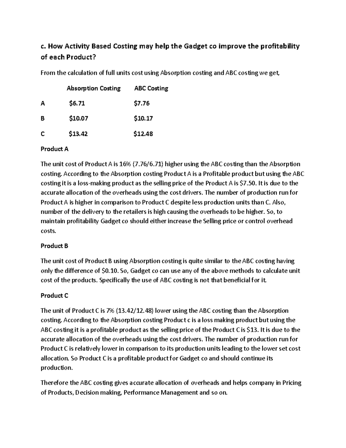 Gadget Company - Activity Based Costing Analysis for Profitability ...