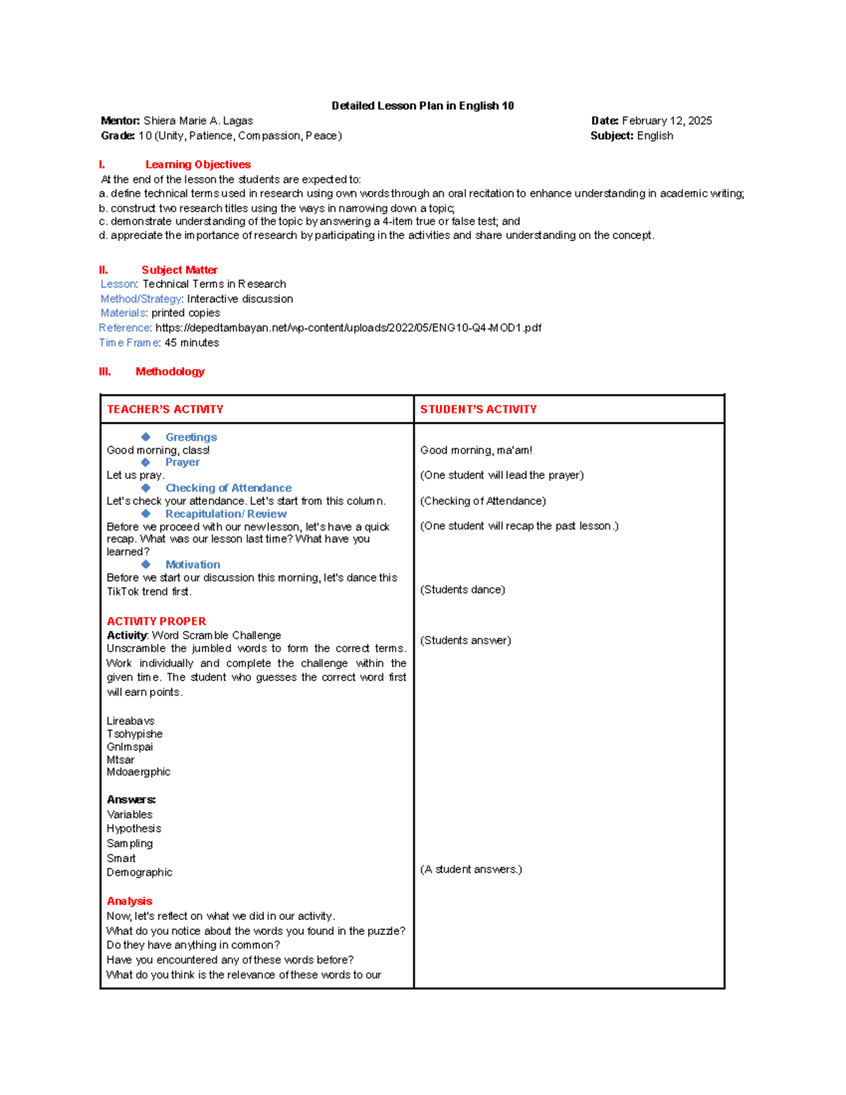 Detailed Lesson Plan Technical Terms in Research 11 - Detailed Lesson ...