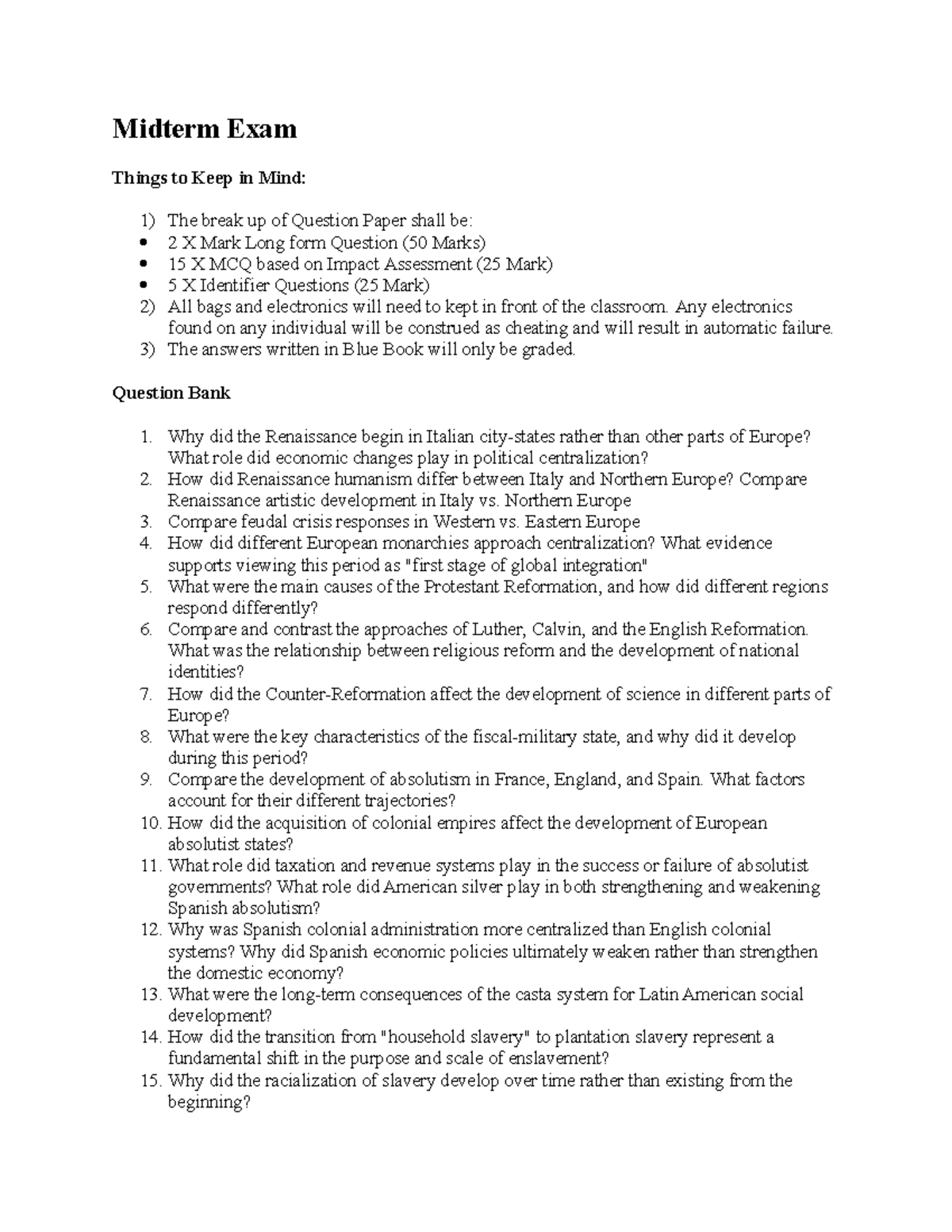 Midterm Study Guide: Colonial History, Slavery & Early Modern World ...